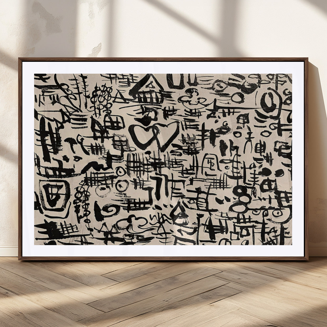 68273-MGC-FP-36x24 - Abstract Love and Chaos Canvas Print, Black Symbols on Beige