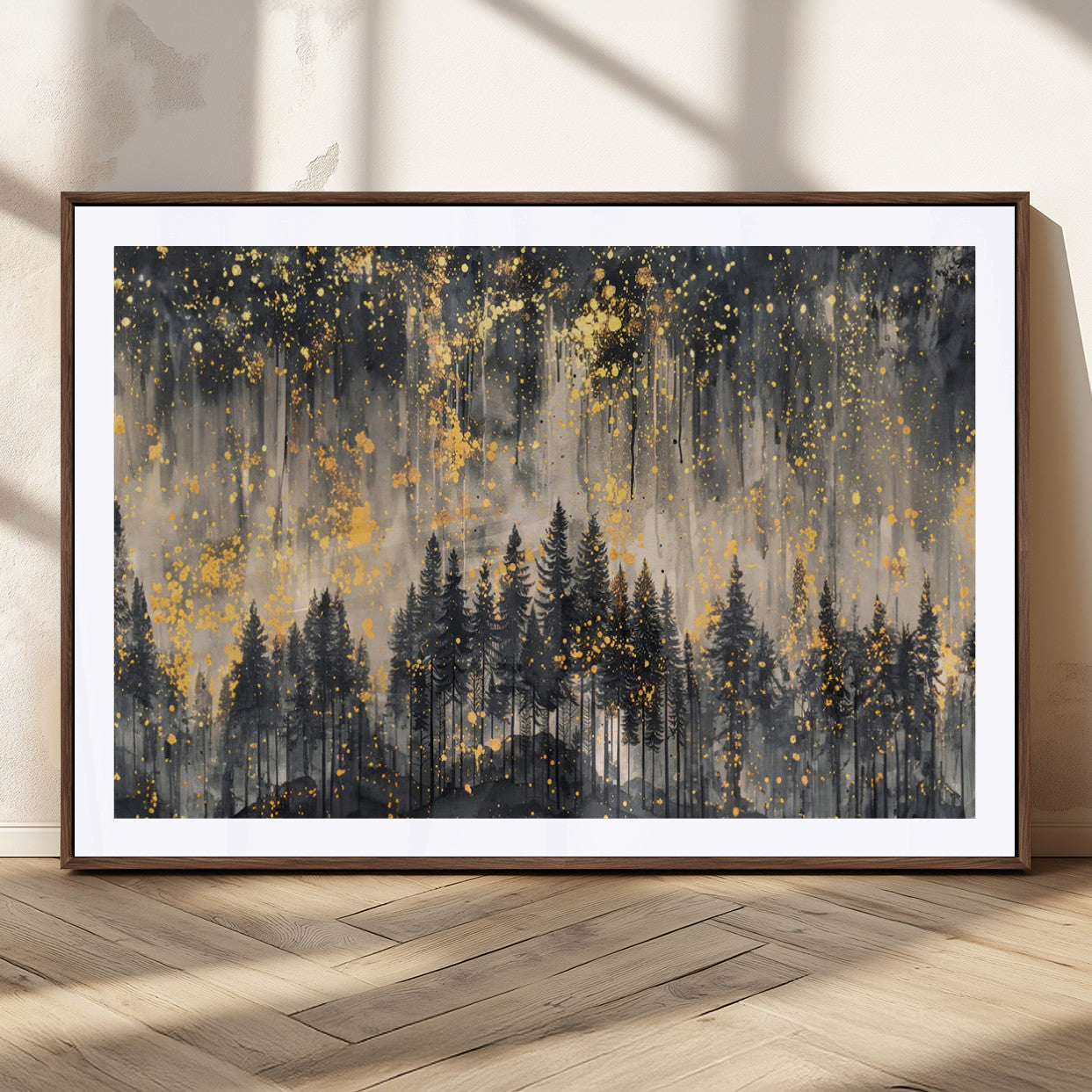 46049-MGC-FP-36x24_Walnut-Golden Forest Abstract Wall Art | Dark Forest with Gold Splatter Accents | Triptych Ready to Hang