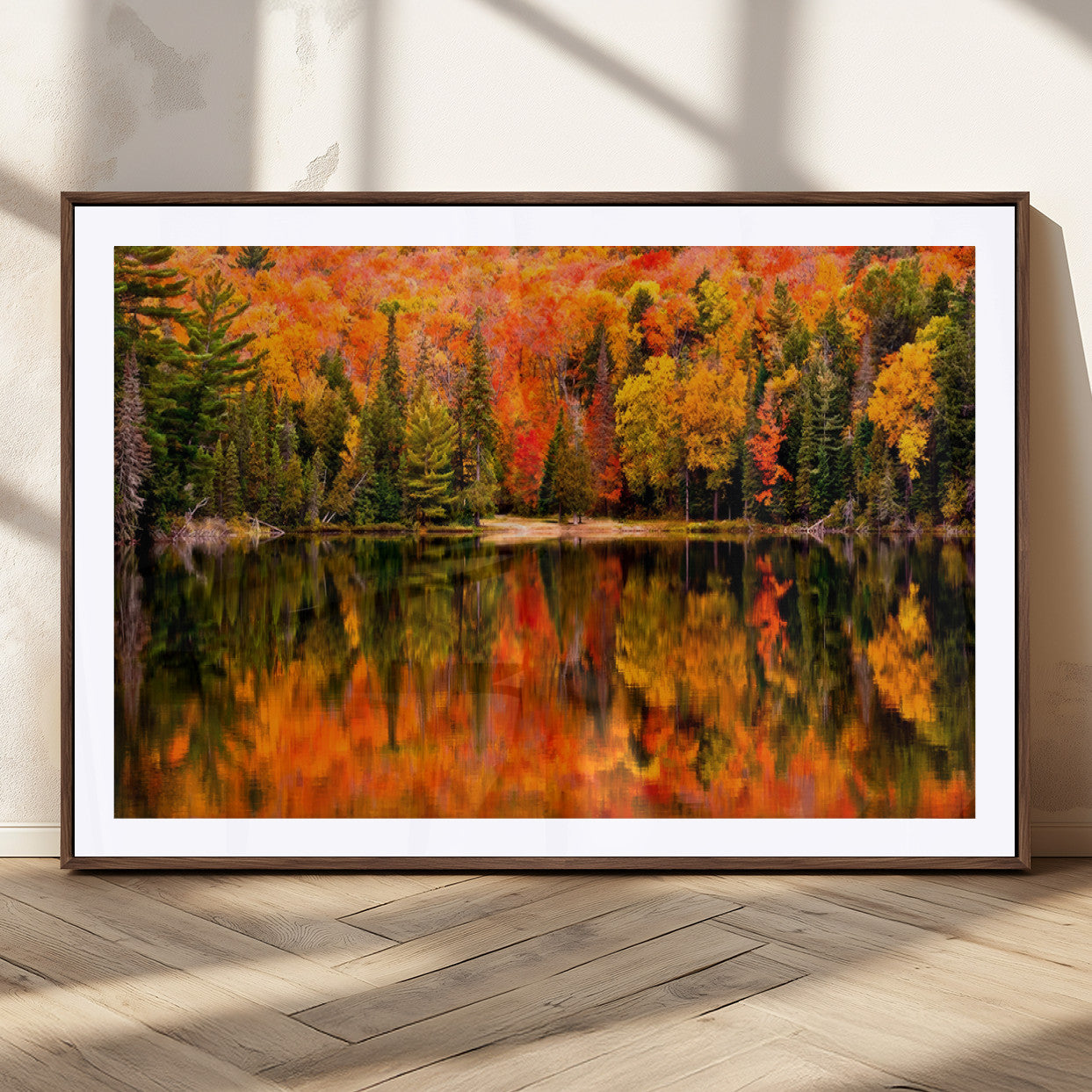 75397-MGC-FP-36x24_Walnut-Forest Reflection Art | Autumn Forest Reflection Wall Art | Triptych Canvas Print | Vibrant Fall
