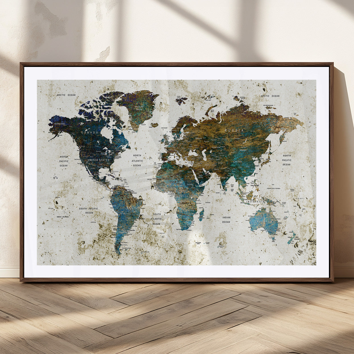 89176-MGC-FP-36x24_Walnut-Vintage Blue and Brown World Map Canvas Wall Art – Framed Rustic Map Print, Earth Tone Travel Decor for Stylish Home and Office Walls