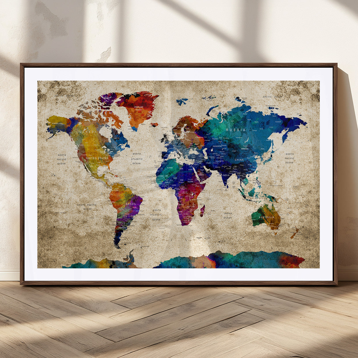 99274-MGC-FP-36x24_Walnut-Push Pin World Map Canvas Print – Travel Tracker Wall Art for Couples, Perfect Anniversary Gift for Home or Office Decor