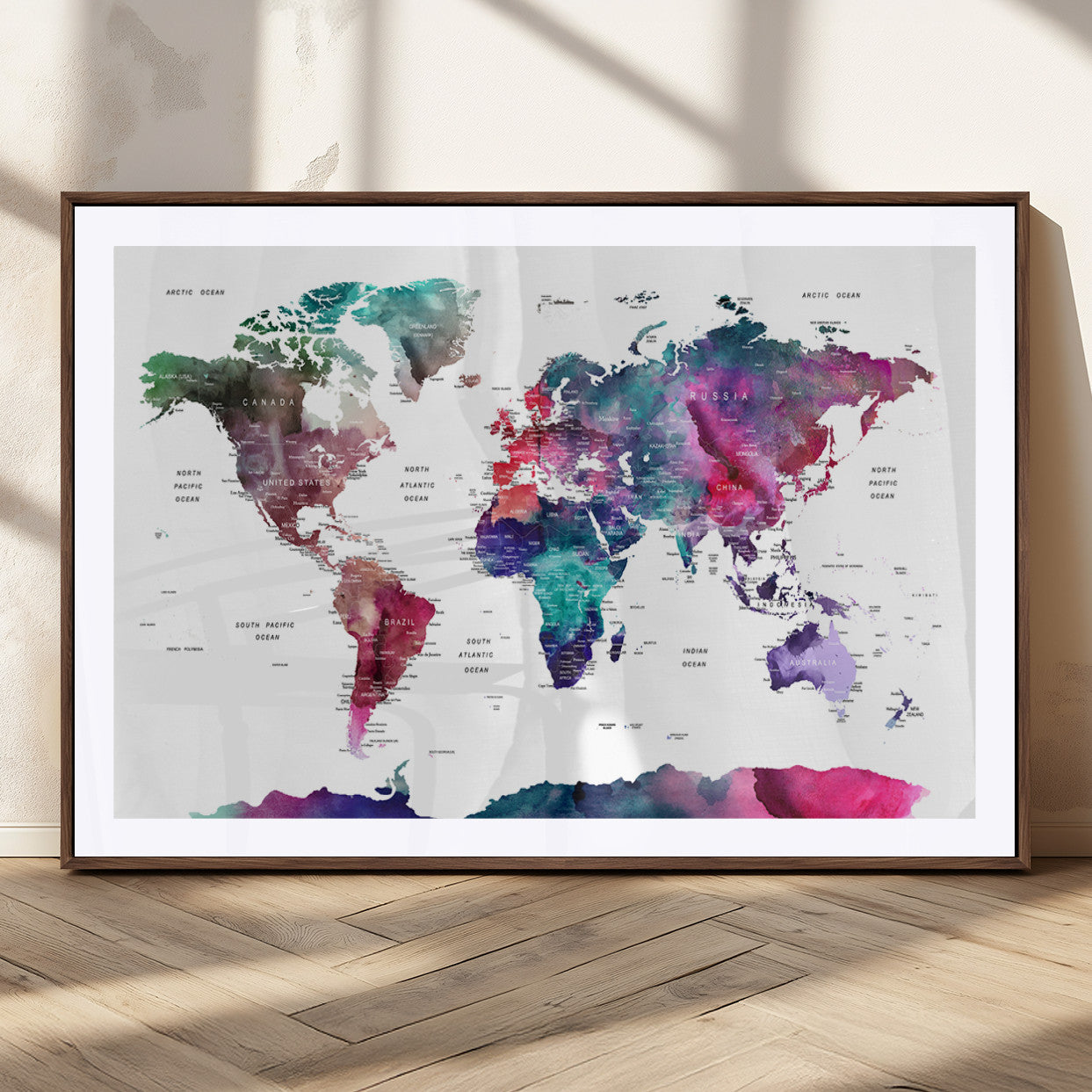 78176-MGC-FP-36x24_Walnut-Colorful Watercolor World Map Canvas Wall Art – Framed Modern Map Print, Vibrant Travel Inspired Artwork for Home and Office Decor