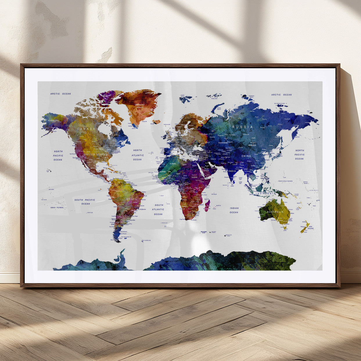 90446-MGC-FP-36x24_Walnut-Colorful Watercolor World Map Canvas Wall Art – Framed Modern Push Pin Travel Map for Home and Office Decor