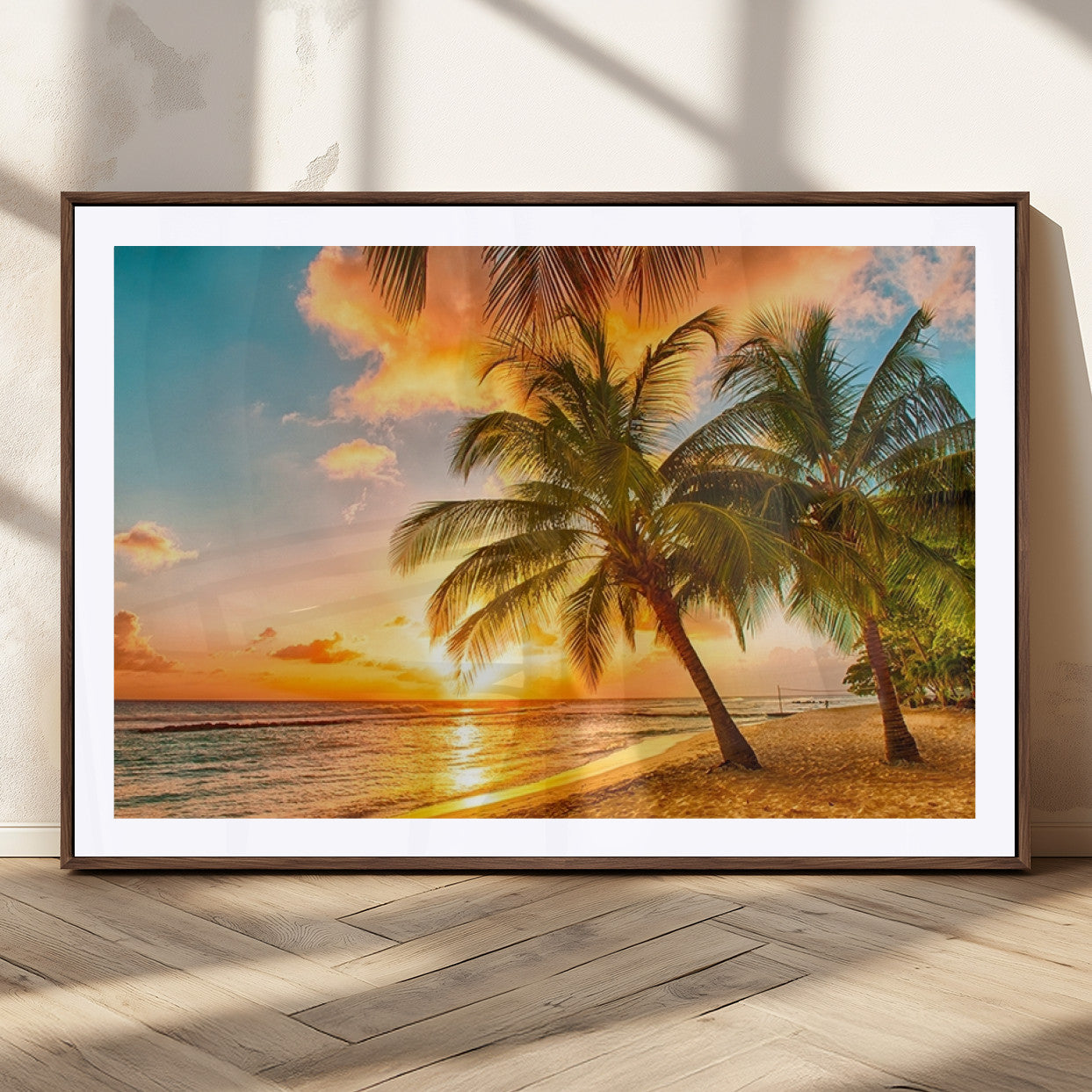 18618-MGC-FP-36x24_Walnut-Tropical Sunset Beach Canvas Wall Art Print – Vibrant Palm Trees and Coastal Sunset Wall Decor for