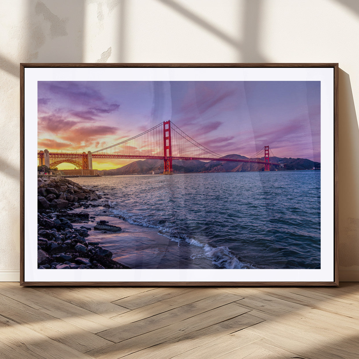 24256-MGC-FP-36x24_Walnut-Golden Gate Bridge Wall Art Canvas Print – Framed San Francisco Sunset Scene with Cityscape Artwork for Home, Office