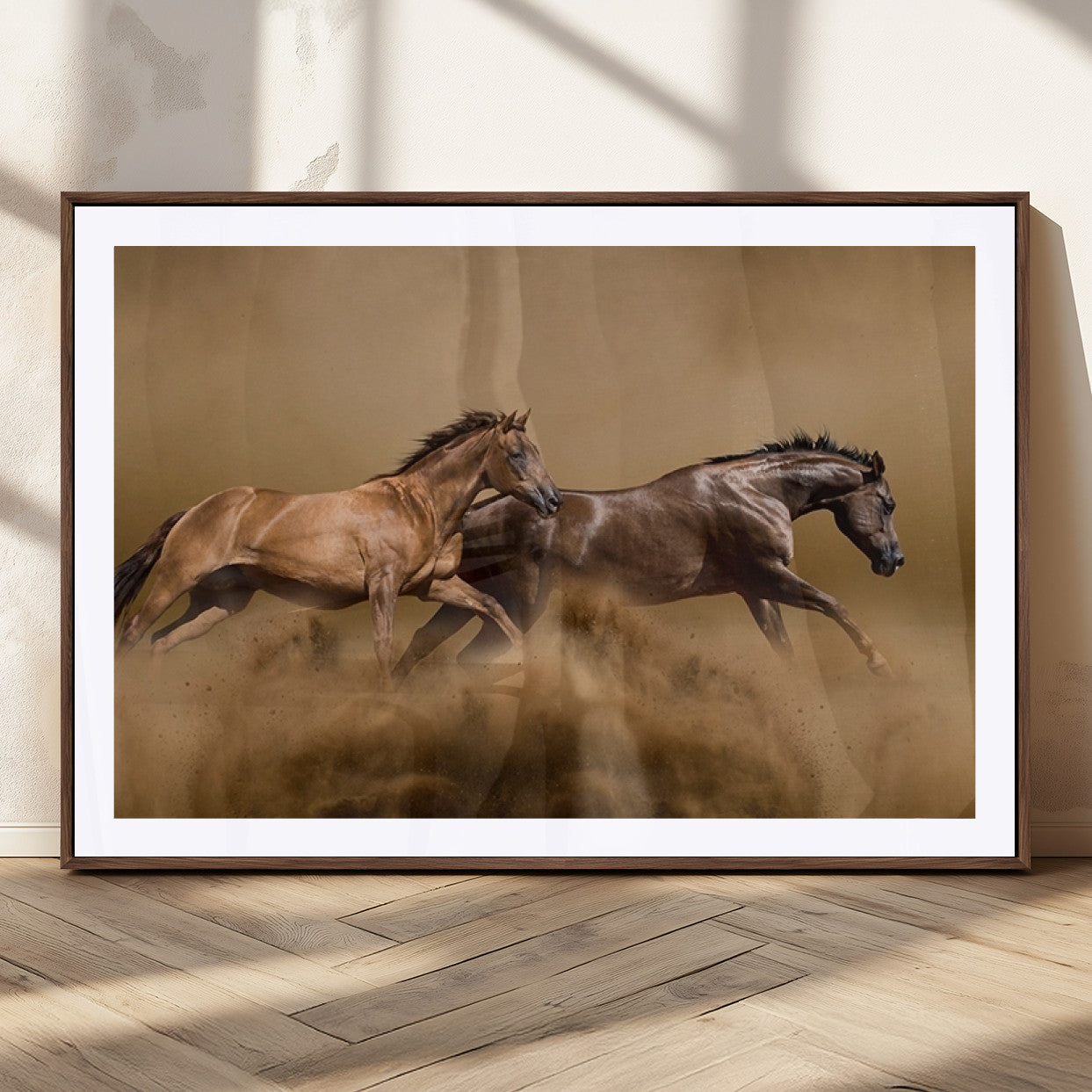53721-MGC-FP-36x24_Walnut-Large Wall Art Canvas Print – Two Running Brown Horses Motion Animal Artwork for Home, Office, Living Room Decor