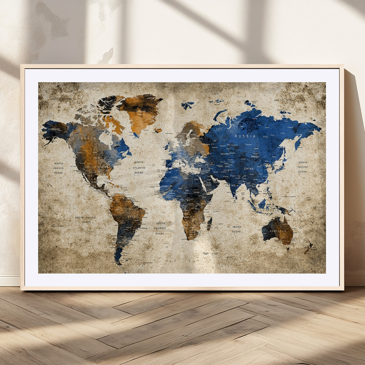 82930-MGC-FP-36x24_Natural-Push Pin World Map Canvas Print – Framed Travel Map Wall Art for Couples, Unique Gift Anniversary or Home Decor