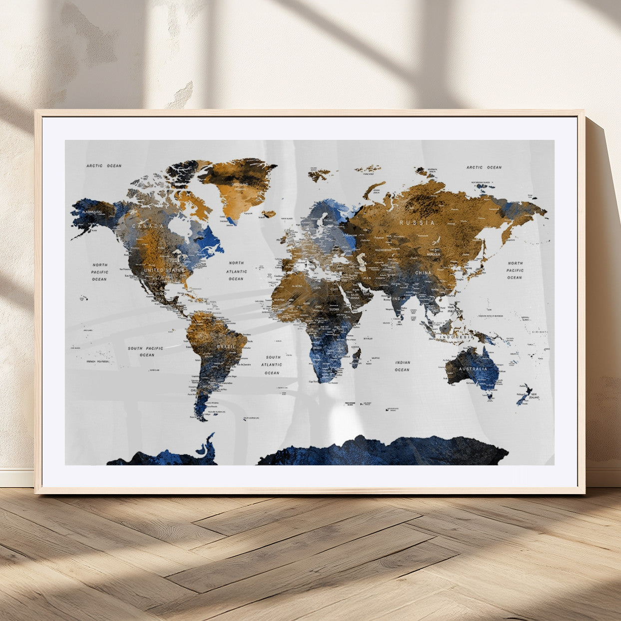 56231-MGC-FP-36x24_Natural-Navy and Gold World Map Canvas Wall Art – Framed Modern World Map Print, Elegant Travel Inspired Artwork for Home and Office Decor
