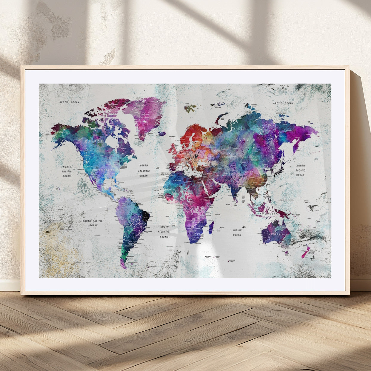 73735-MGC-FP-36x24_Natural-Push Pin World Map Canvas Print – Framed Travel Map Wall Art for Couples, Anniversary Gift, Modern Home or Office Decor