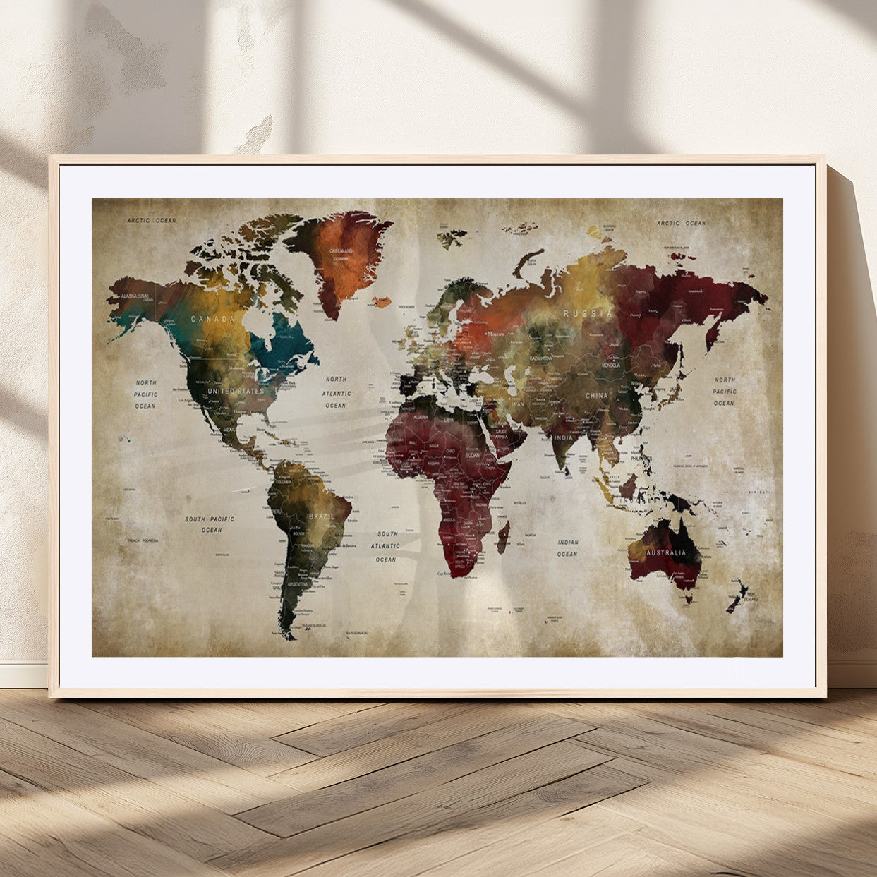63870-MGC-FP-36x24_Natural-World Map Wall Art Canvas Print, Framed Push Pin Map Art Picture Print, Abstract Traveller Map Perfect Modern Decor Artwork for Living Room or Office Decor