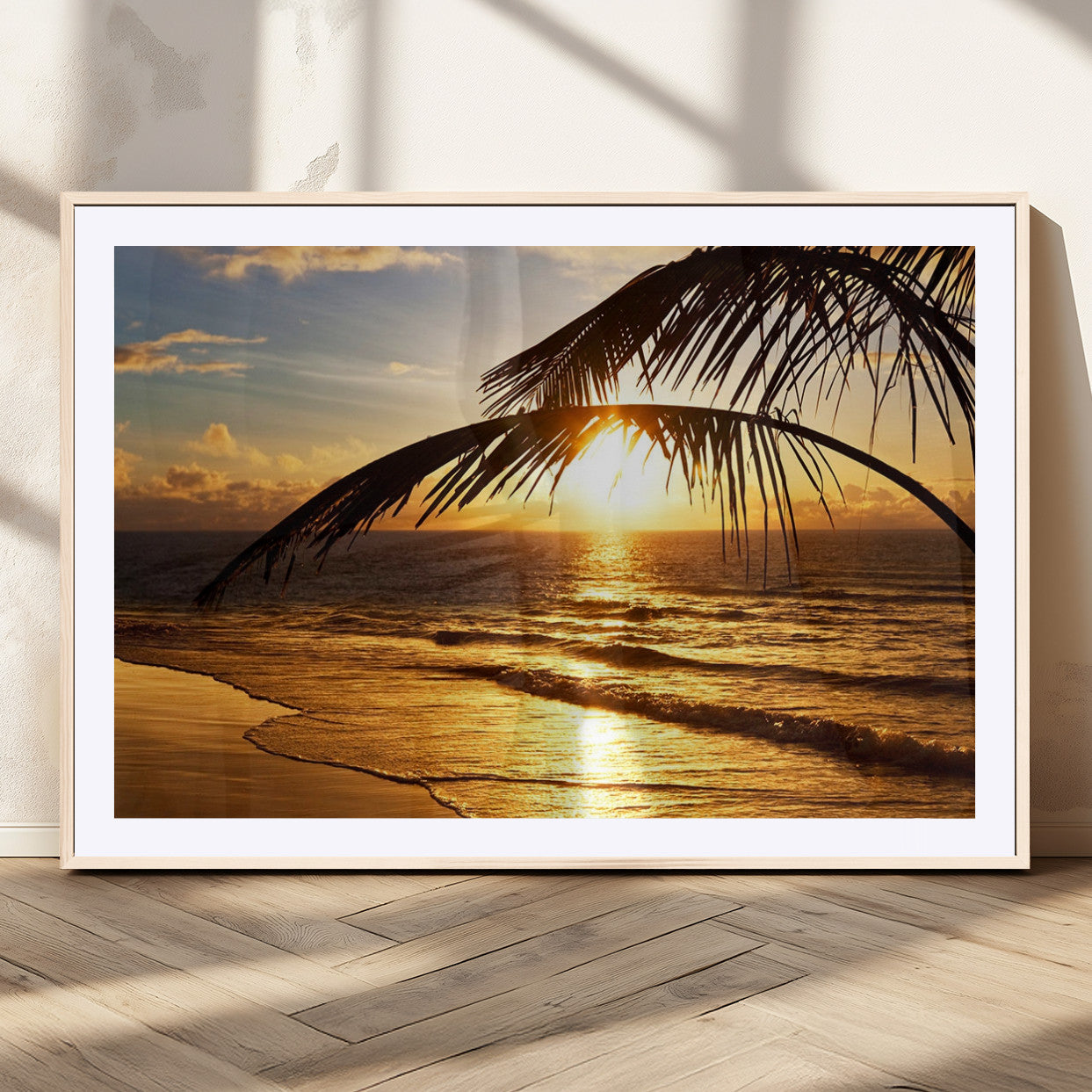 41507-MGC-FP-36x24_Natural-Golden Tropical Beach Sunset Canvas Triptych, Coastal Palm Tree Wall Art, Ocean Shoreline Giclee