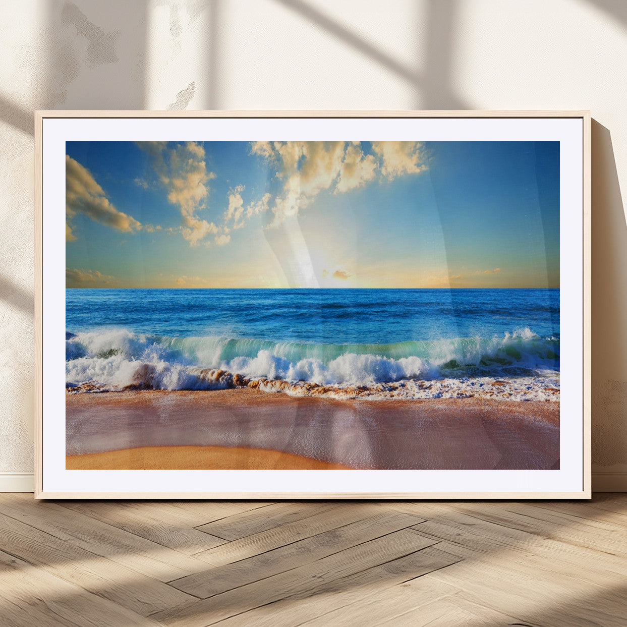 50522-MGC-FP-36x24_Natural-Tropical Beach Sunset Canvas Art, Ocean Waves and Sandy Shoreline Wall Art, Large Beach Decor for