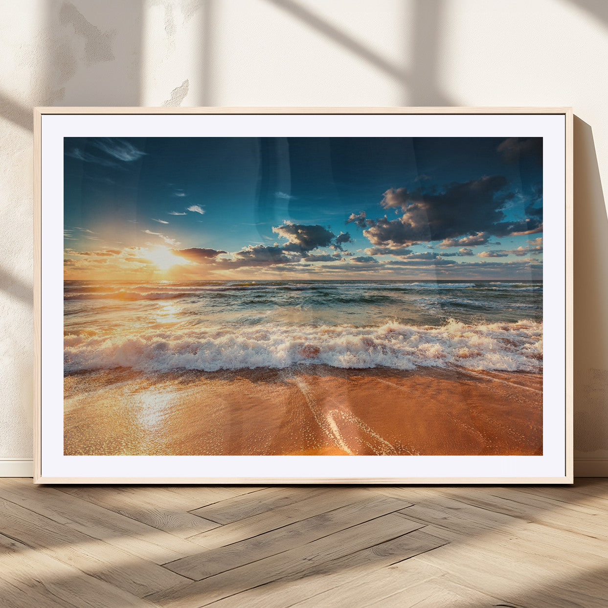 35648-MGC-FP-36x24_Natural-Golden Sunset Beach Triptych Canvas Art, Giclee Coastal Wall Decor, Ocean Waves Print, Modern Beach