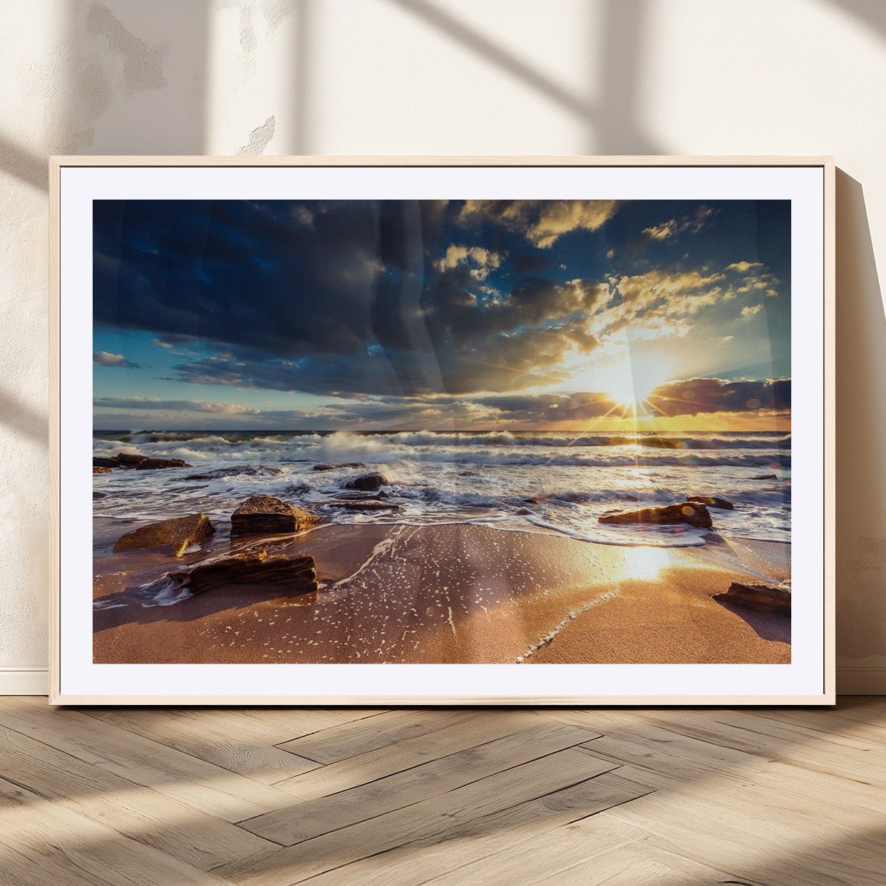 44481-MGC-FP-36x24_Natural-Golden Hour Beach Sunset Canvas Triptych, Ocean Waves and Rocks Wall Art for Coastal Home Decor