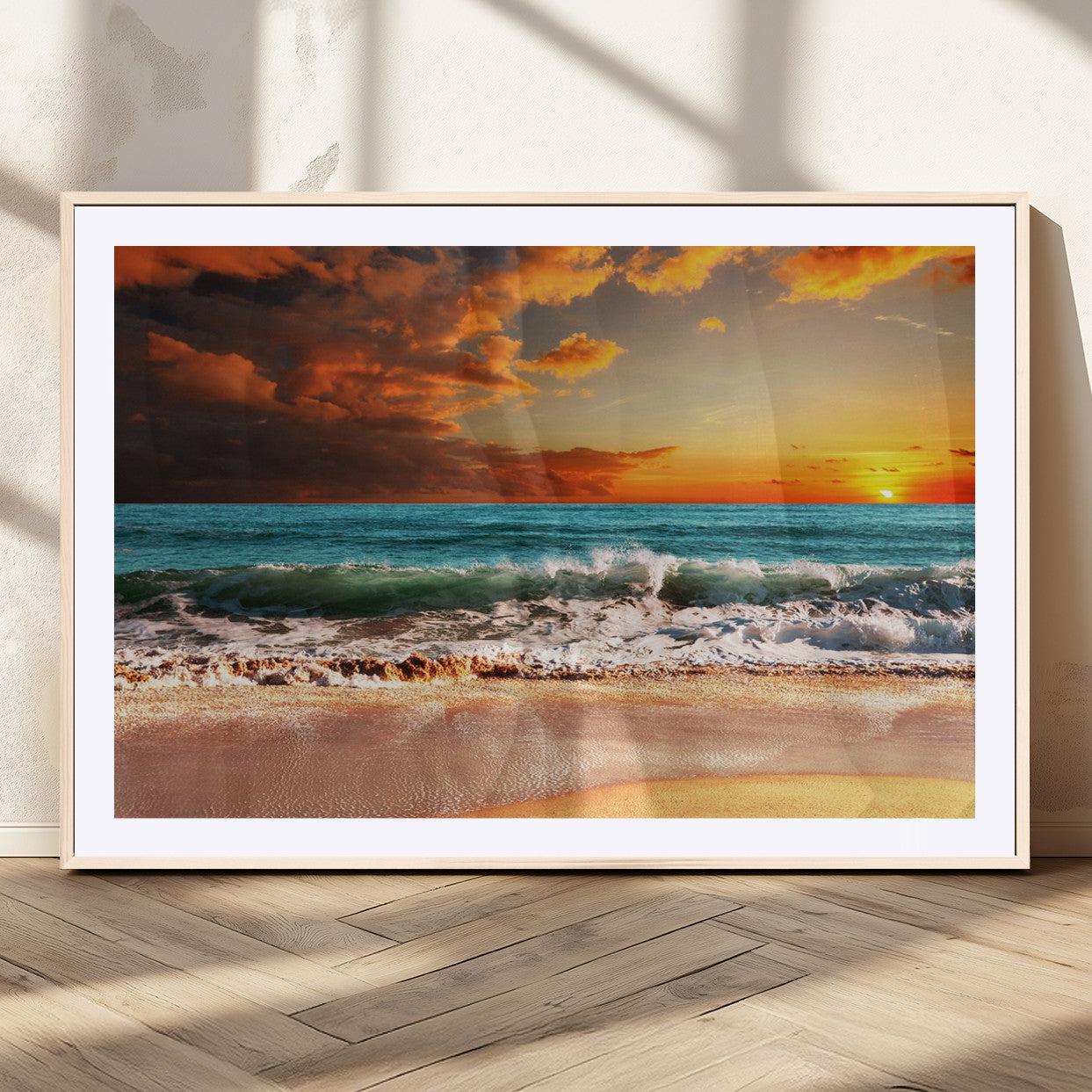 72948-MGC-FP-36x24_Natural-Golden Sunset Beach Canvas Wall Art – Triptych Seascape Print – Framed and Ready to Hang for Living