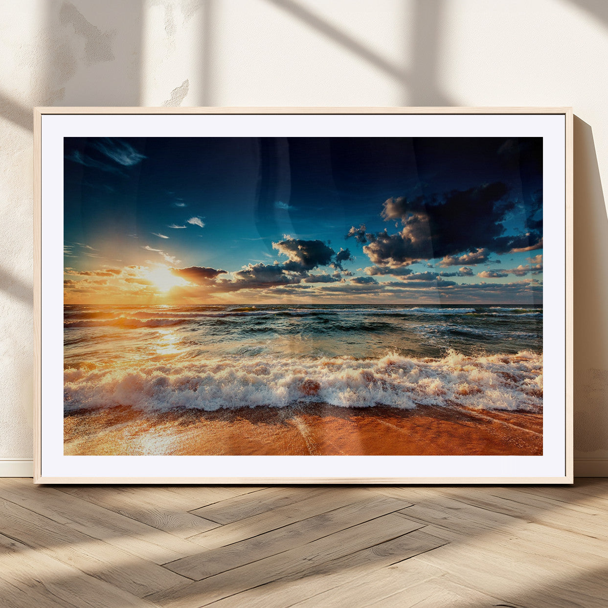 26996-MGC-FP-36x24_Natural-Golden Hour Sunset Over Ocean Waves Wall Art Canvas Print | 3 Panel Coastal Landscape Canvas Wall