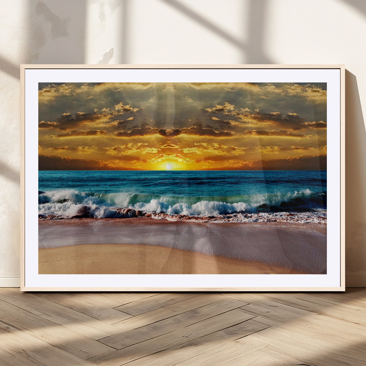 -Ocean Sunrise Over Golden Beach Waves, Giclee Canvas Wall Art Set, High-Quality Stretched Canvas