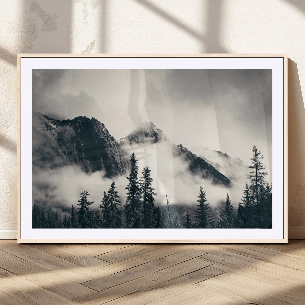 59517-MGC-FP-36x24_Natural-Large Foggy Mountain Forest Wall Art Canvas Print | Misty Mountain Peaks and Pine Trees Print |