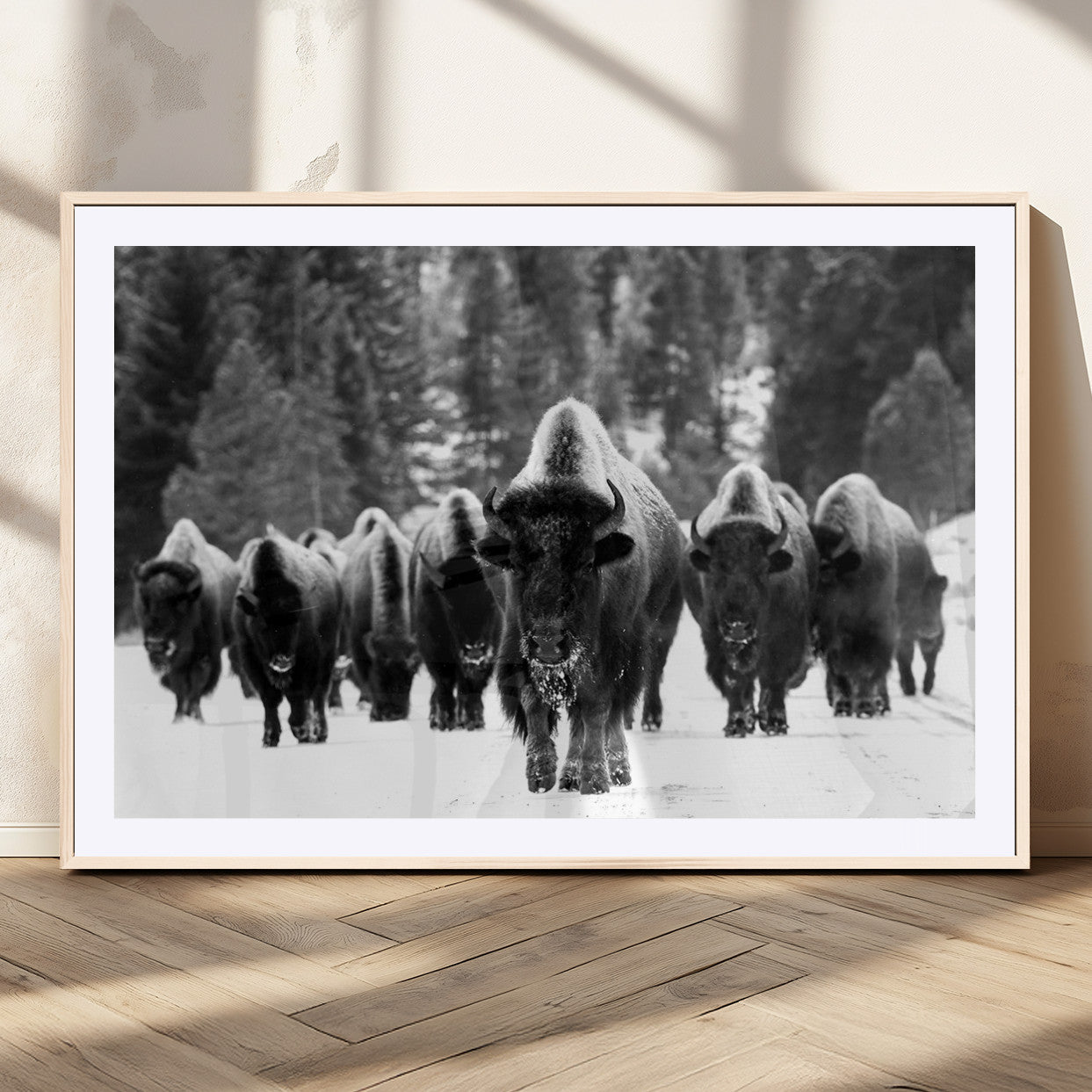 62434-MGC-FP-36x24_Natural-Bison Herd in Snow Wall Art Canvas Print | Rustic Western Bison Wall Art for Decor for Living Room,