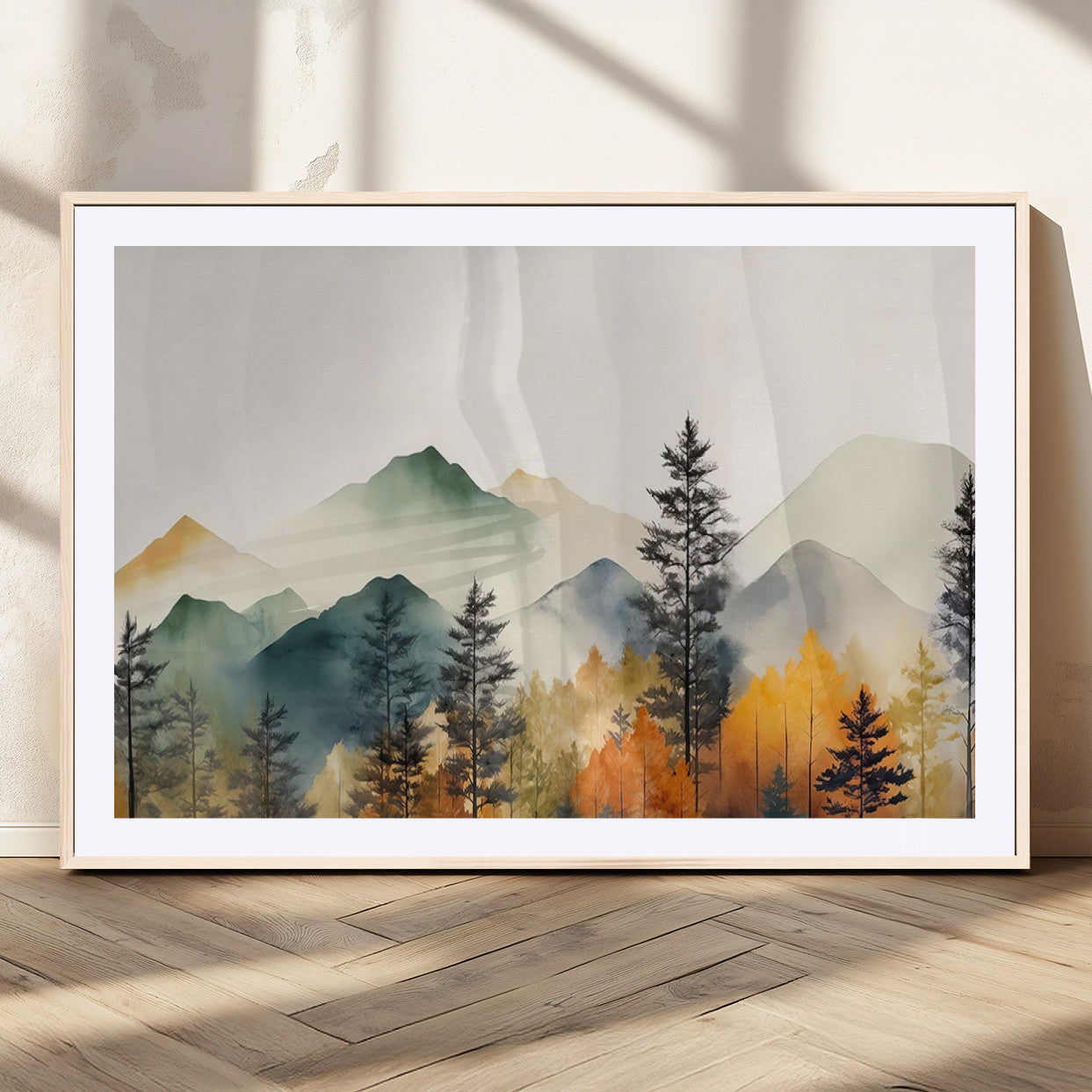 25689-MGC-FP-36x24_Natural-Abstract Watercolor Mountains and Trees Autumn Wall Art, Mountains and Trees Autumn Wall Art Canvas
