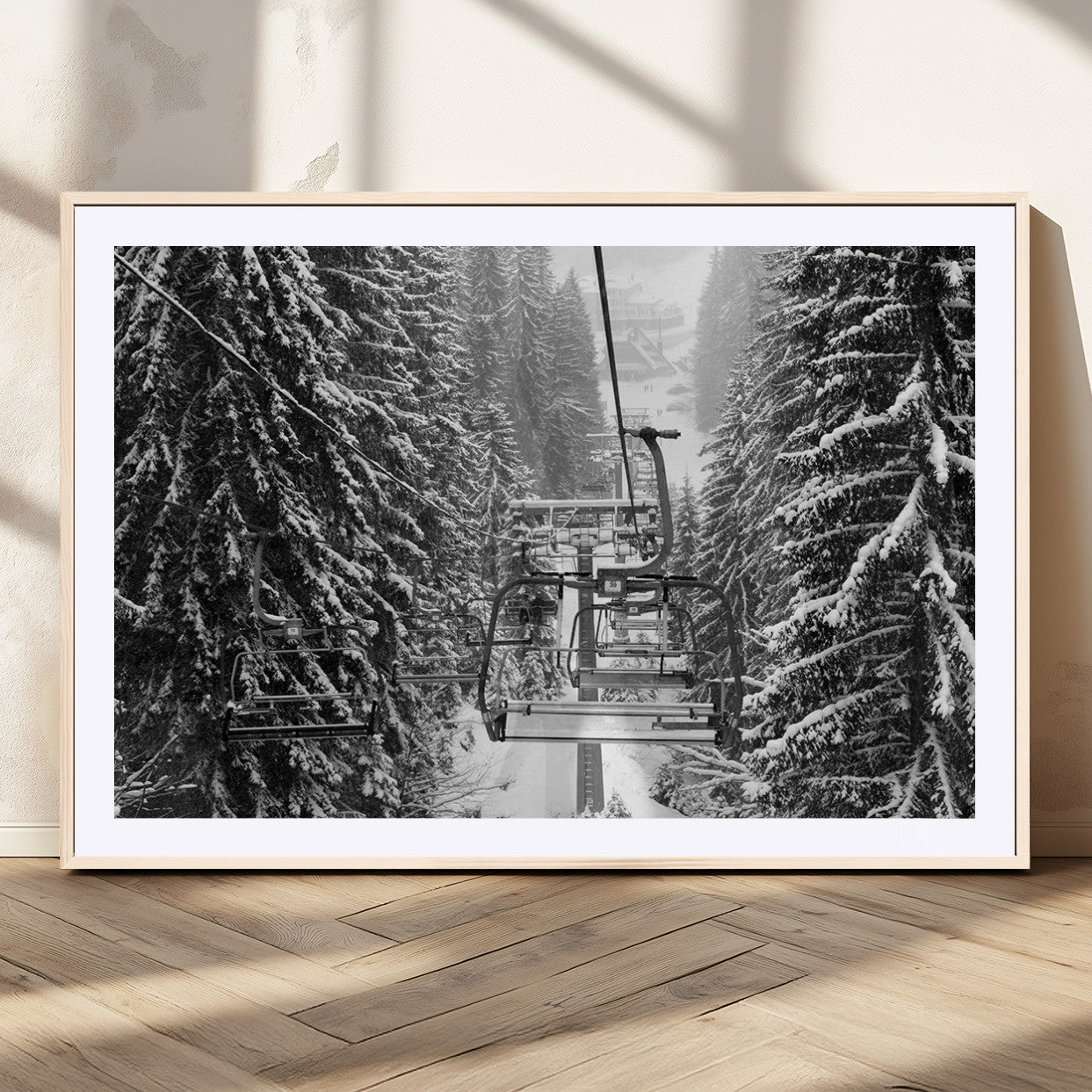 19240-MGC-FP-36x24_Natural-Winter Ski Lift Black and White Canvas Wall Art – Alpine Escape in Minimalist Style – Winter Ski