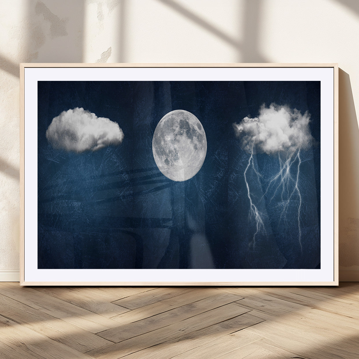 96569-MGC-FP-36x24_Natural-Dark Blue Cloud Art, 3 Piece Indigo Blue Wall Art, Aesthetic Surreal Art, Thunderstorm Moon Cloud