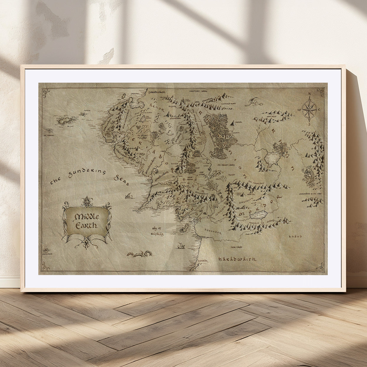 21784-MGC-FP-36x24_Natural-Vintage Middle Earth Map Wall Art Canvas – Lord of the Rings Inspired Framed Map Print, Classic Fantasy Decor for Home, Office