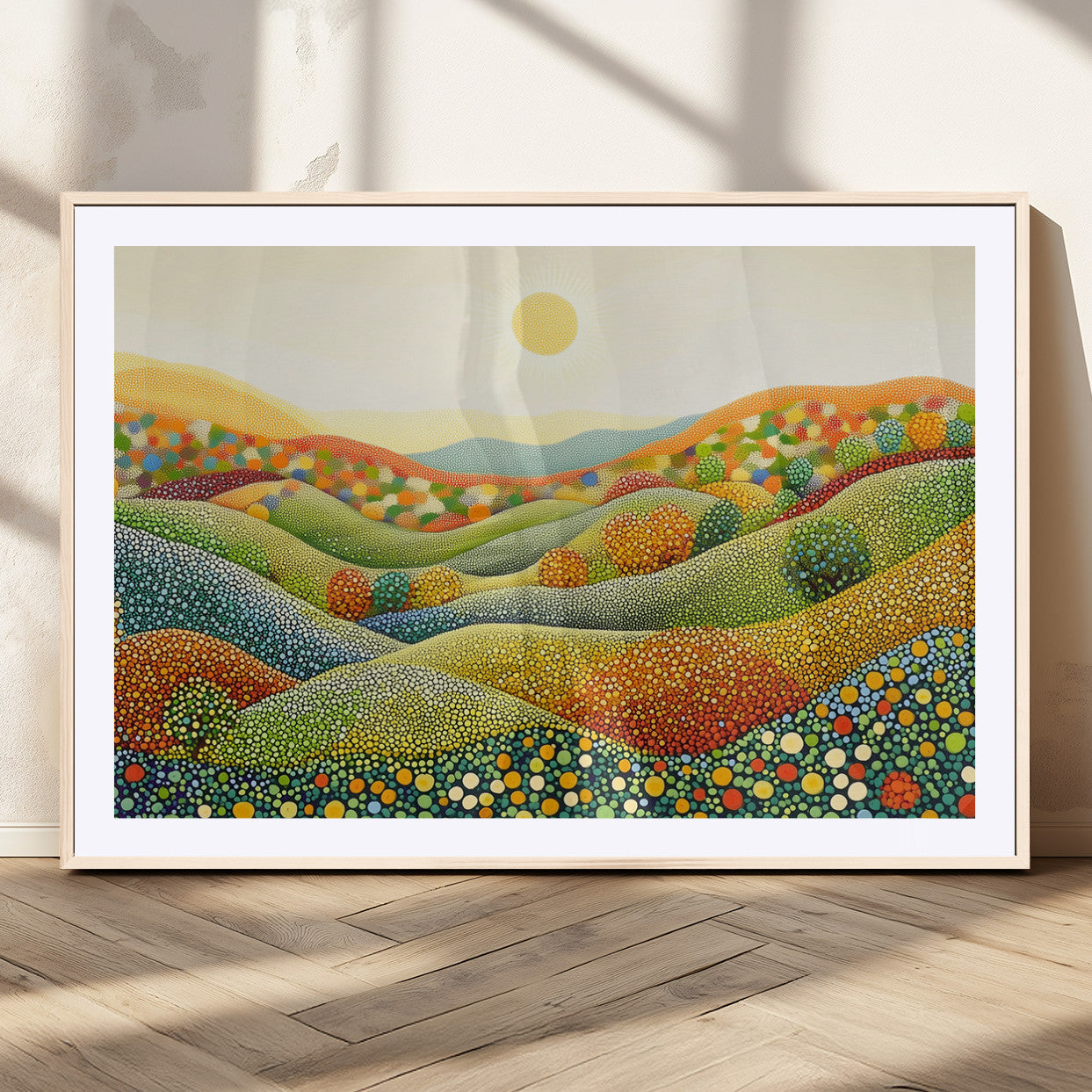 27683-MGC-FP-36x24_Natural-YAYOI KUSAMA Wall Art - Colorful Dot Art Landscape Canvas, Framed Japanese Dot Art