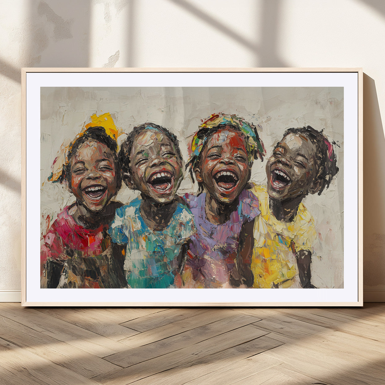93034-MGV-CV-36X24-Shai Yossef style Joyful Childhood Canvas Wall Art - Expressive Impasto Painting of Black Children