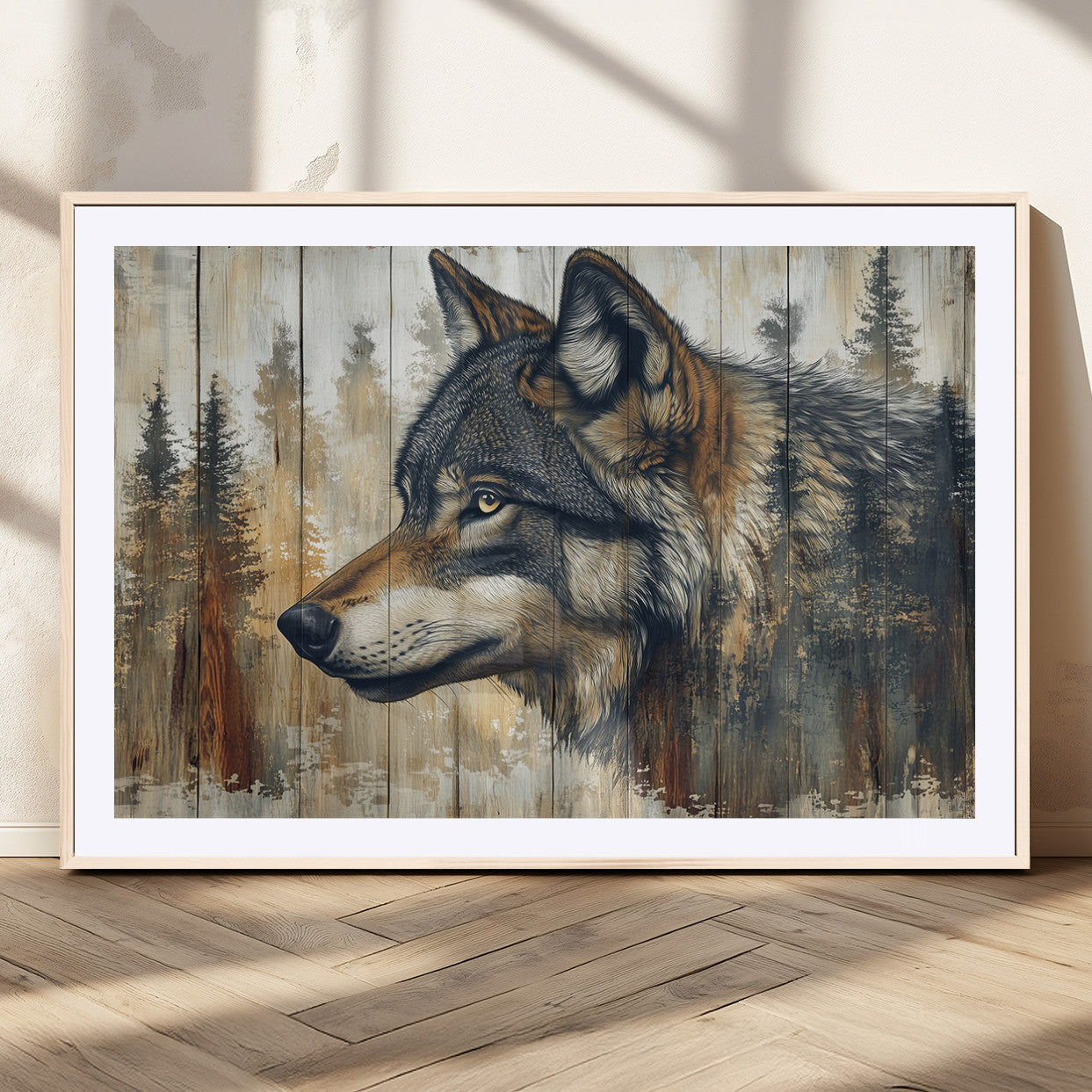 91882-MGC-FP-36x24_Natural-Rustic Wolf Wall Art Canvas Print, Vintage Woodland Wolf Wall Art