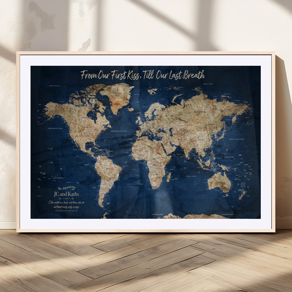 56122A-MGC-FP-36x24_Natural-Personalized Push Pin World Map Canvas Print – Custom Couple Travel Tracker Wall Art, Framed Anniversary Gift for Home Decor