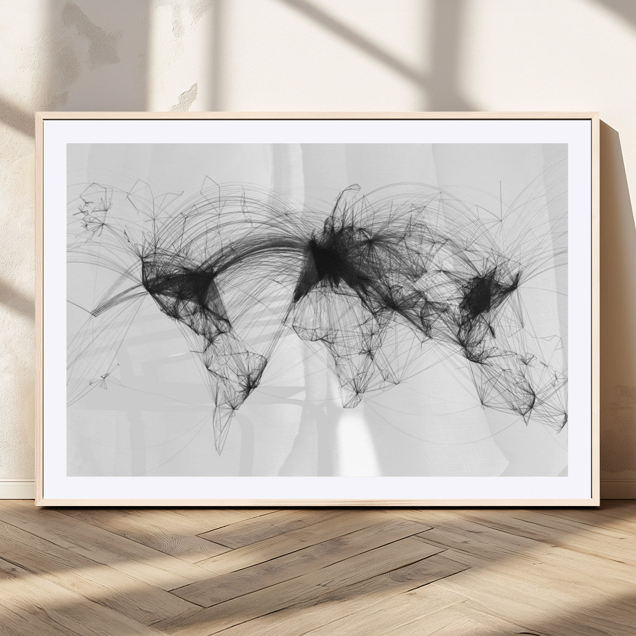 Black-Flight-Routes-MGC-FP-36x24_Natural-Flight Routes Air Traffic Map Canvas Wall Art - Framed - Ready to Hang
