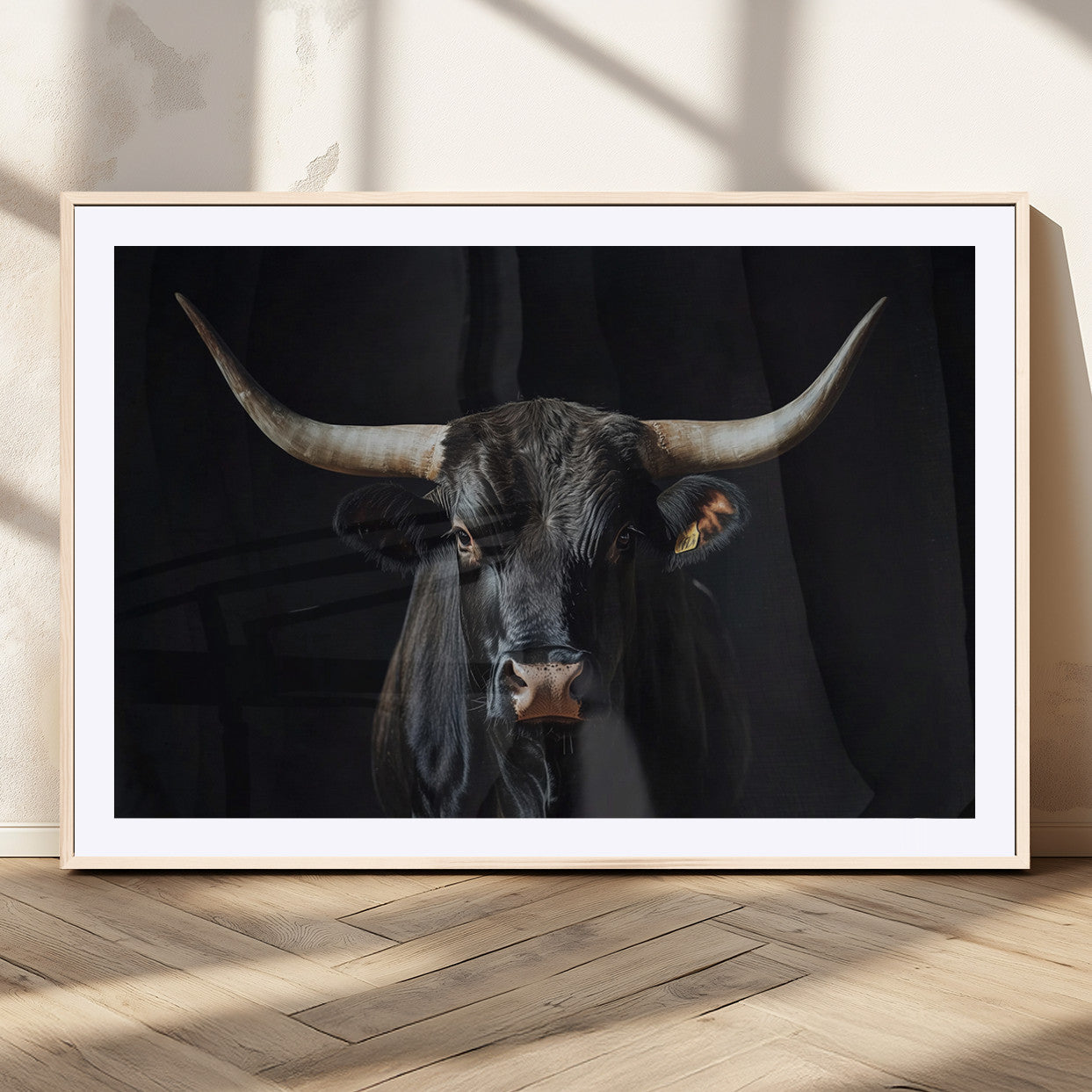 48065167-MGV-CV-36X24-Majestic Longhorn Bull Wall Art Canvas Print – Dark Background Western Ranch Portrait Artwork for Home, Office