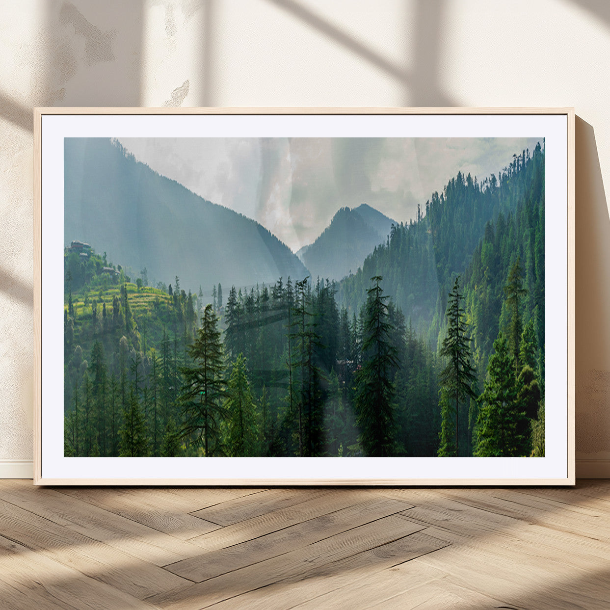 83417191-MGV-CV-36X24-Misty Forest Mountain Wall Art Canvas Print – Framed Serene Nature Scene with Tranquil Valley Artwork for Home, Office