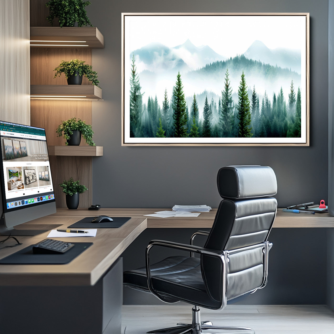 16716676-MGC-FP-36x24-Pine Forest Wall Art Canvas Print – Misty Mountains Foggy Trees Serene Woodland Nature Artwork for Home Office