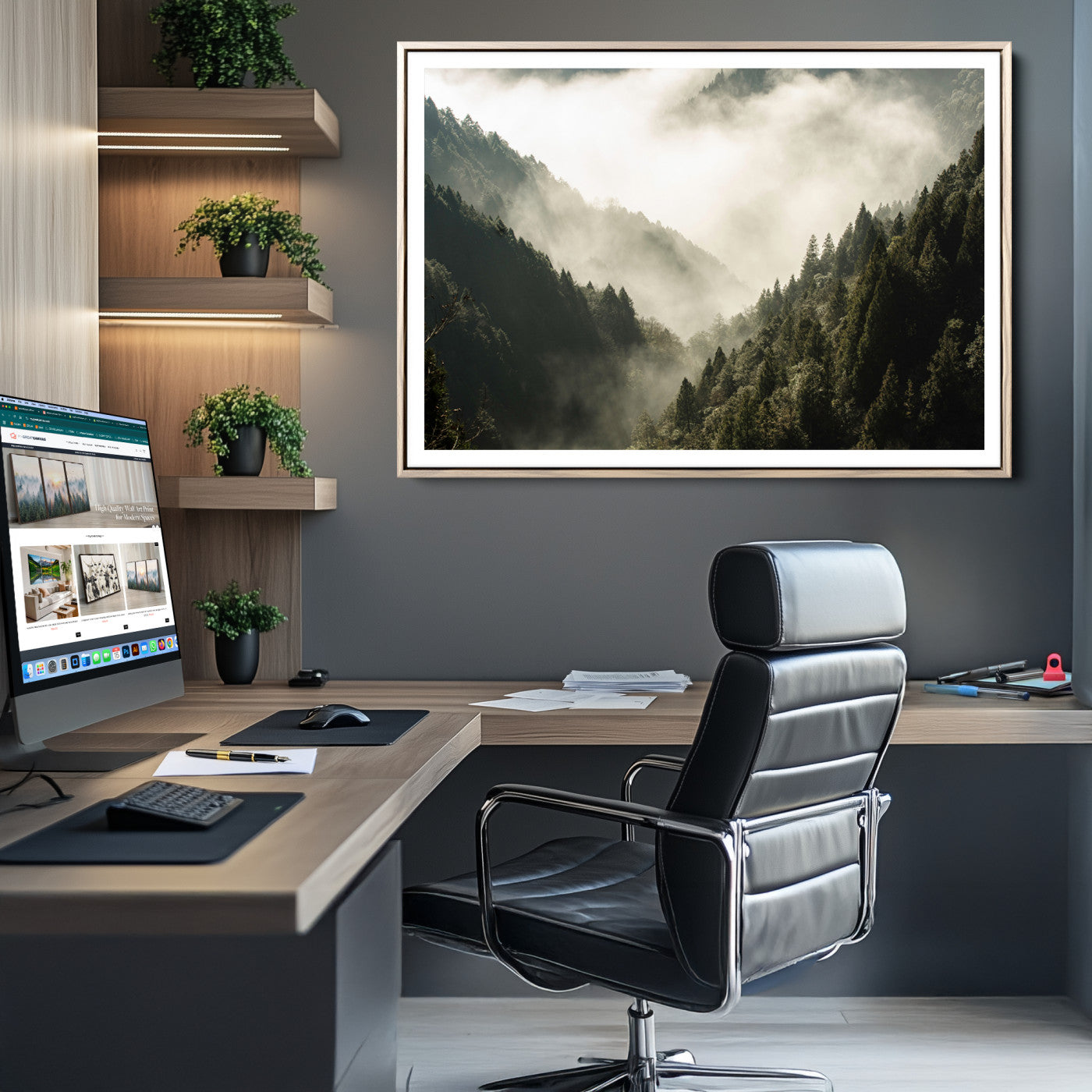 57570237-MGC-FP-36x24-Misty Valley Wall Art Canvas Print – Foggy Forest Pine Trees Serene Woodland Landscape Artwork for Home Office