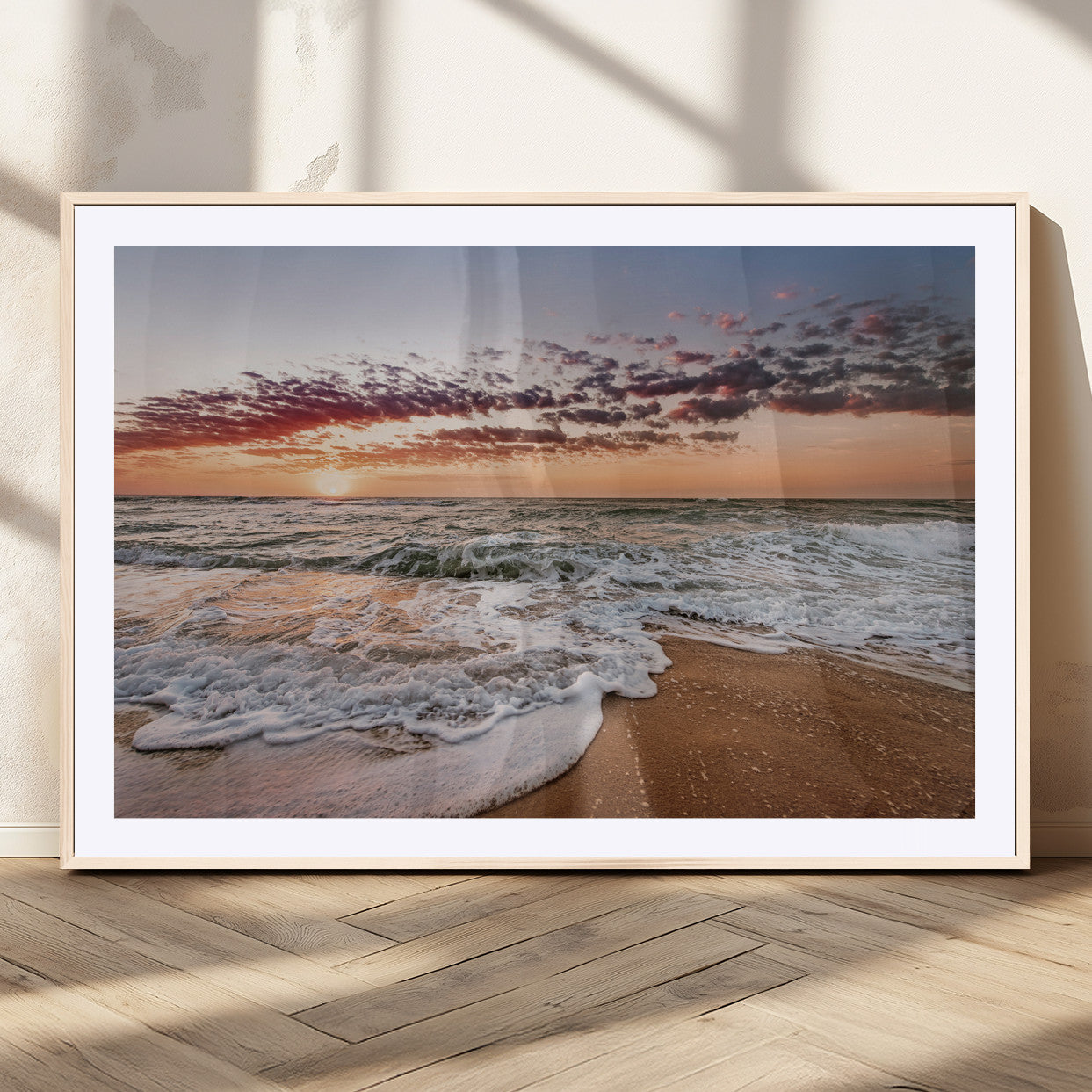 39846389-MGC-FP-36x24_Natural-Ocean Sunset Wall Art Canvas Print – Framed Sandy Shore Gentle Waves Coastal Landscape Minimalist Artwork for Home, Office