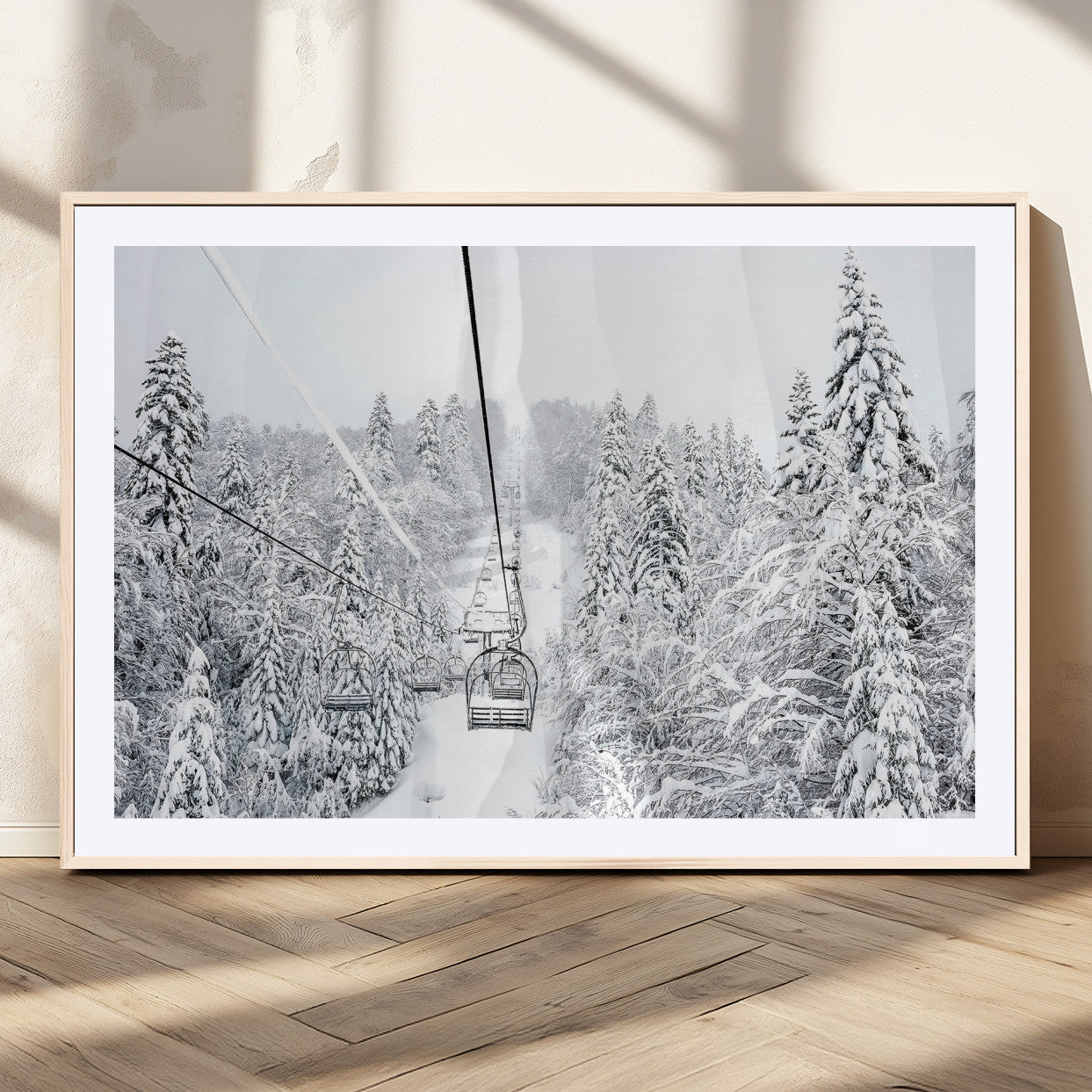 60296839-MGV-CV-36X24-Snowy Mountains Wall Art – Framed Ski Lift Canvas Artwork, Peaceful Winter Design, Rustic Forest Decor for Home, Office