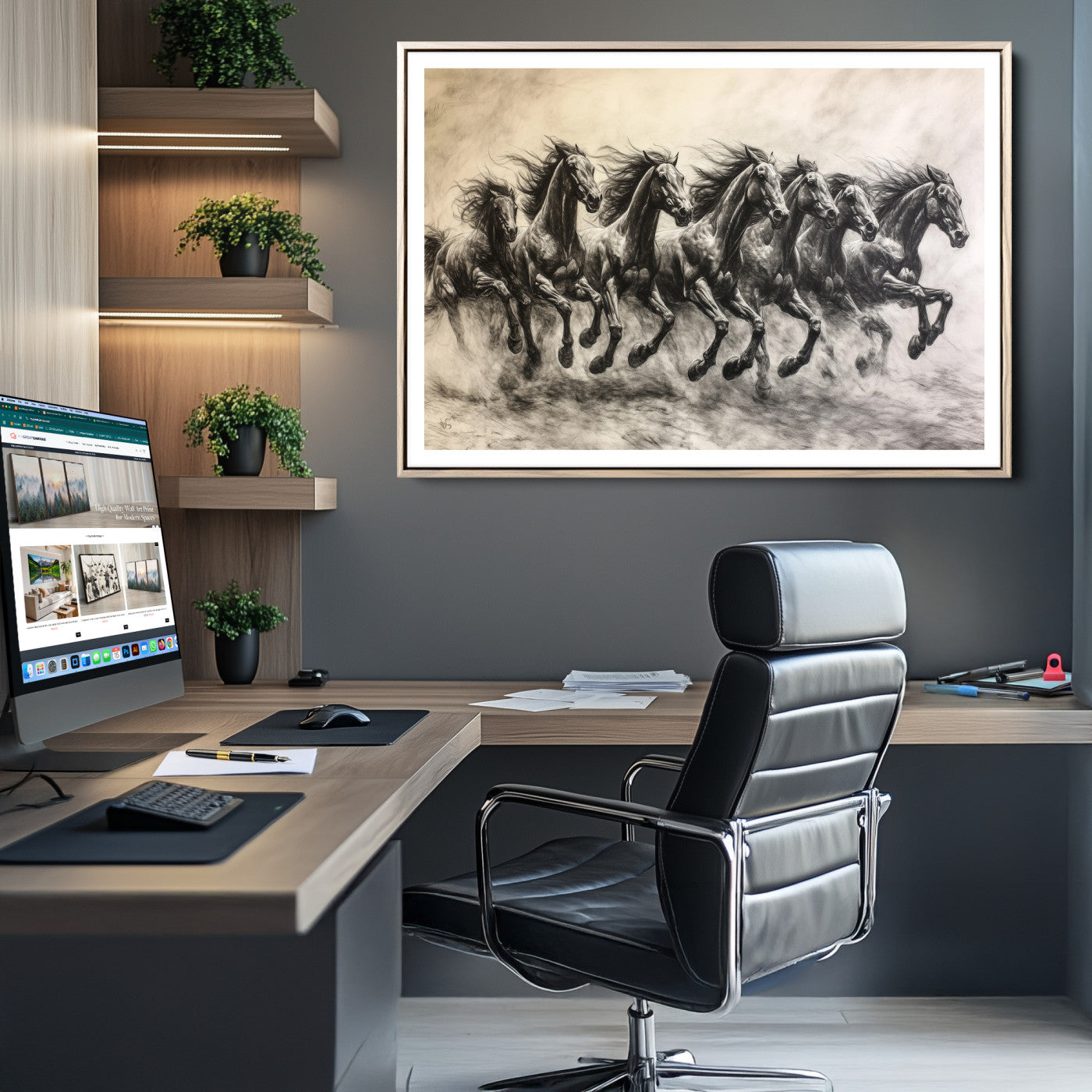 56089591-MGC-FP-36x24-Galloping Horses Wall Art Canvas Print, Framed Wild Stallions Art Picture Print, Horse Herd Sketch