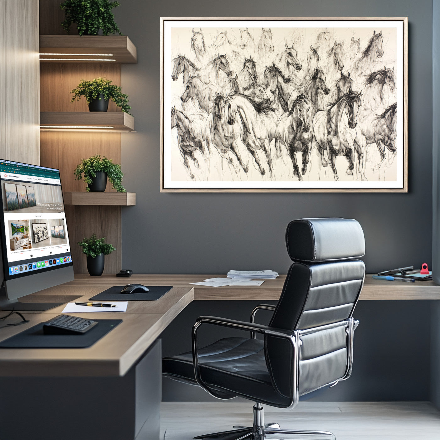 19433417-MGC-FP-36x24-Running Horses Wall Art Canvas Print – Framed Galloping Herd Dynamic Equestrian Sketch Nature Artwork for Home Office
