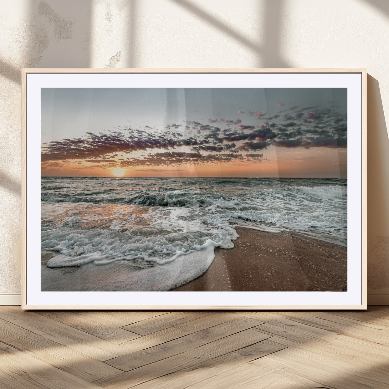 40632752-MGV-CV-36X24-Ocean Sunset Wall Art Canvas Print – Framed Beach Waves Scene with Coastal Artwork for Home, Office, Living Room