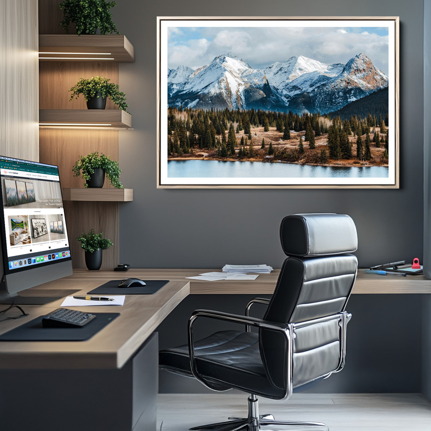 36247746-MGC-FP-36x24-Snowy Peaks Wall Art Canvas Print, Framed Alpine Lake Art Picture Print, Pine Forest Perfect Alpine
