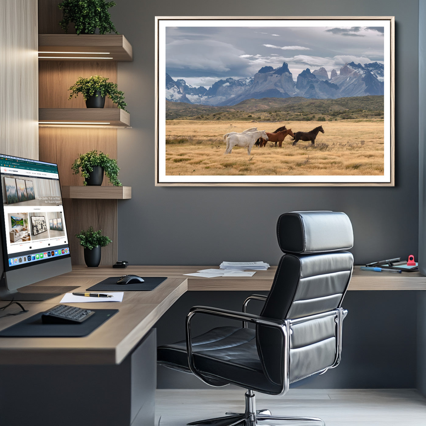 69960232-MGC-FP-36x24-Horses Grazing Wall Art Canvas Print – Framed Mountain Field Scenic Landscape Cloudy Sky Nature Artwork for Home Office