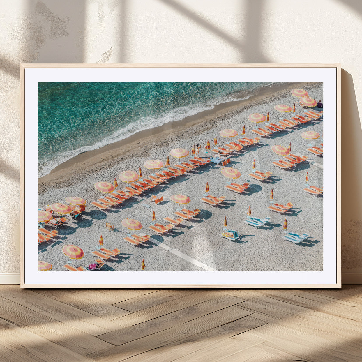 27805351-MGV-CV-36X24 - Beach Umbrellas Wall Art – Orange Loungers & Turquoise Water Canvas Print, Sandy Shore and Summer Vibes