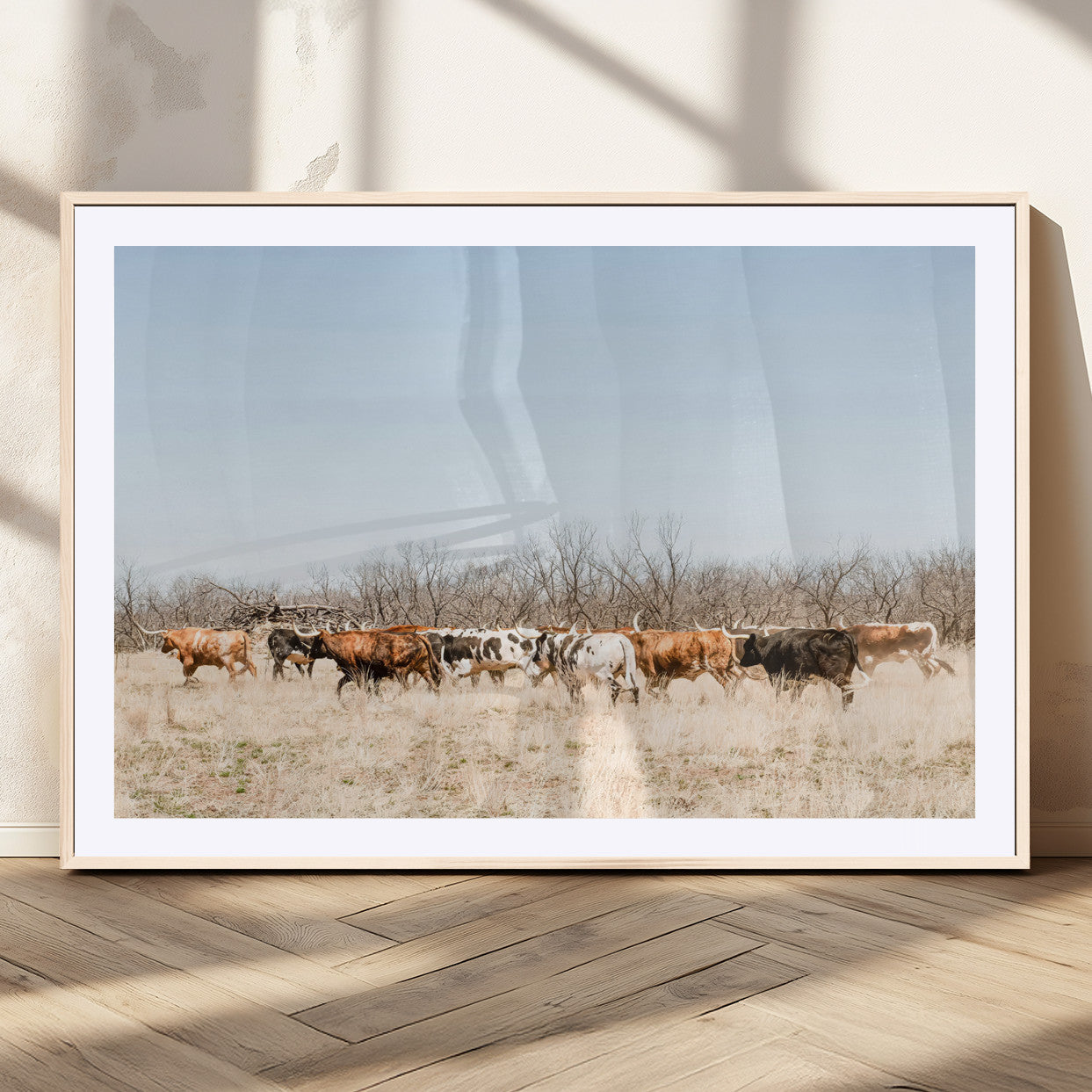 16563092-MGV-CV-36X24-Texas Longhorns Wall Art Canvas Print – Framed Western Cattle Rustic Herd Farmhouse Country Animal Artwork for Home Office