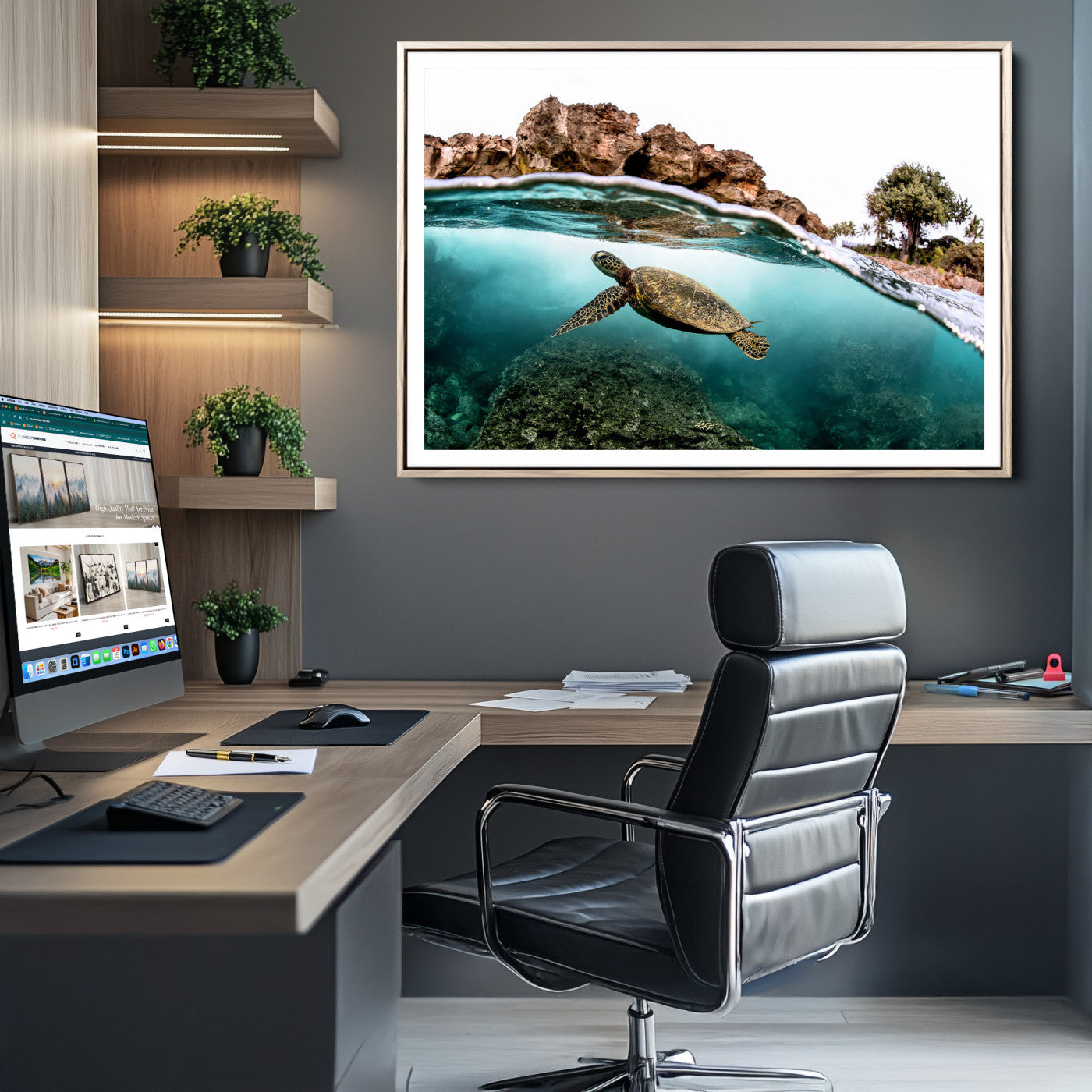 44200301-MGC-FP-36x24-Sea Turtle Wall Art Canvas Print, Framed Ocean Life Art Picture Print, Tropical Perfect Coastal