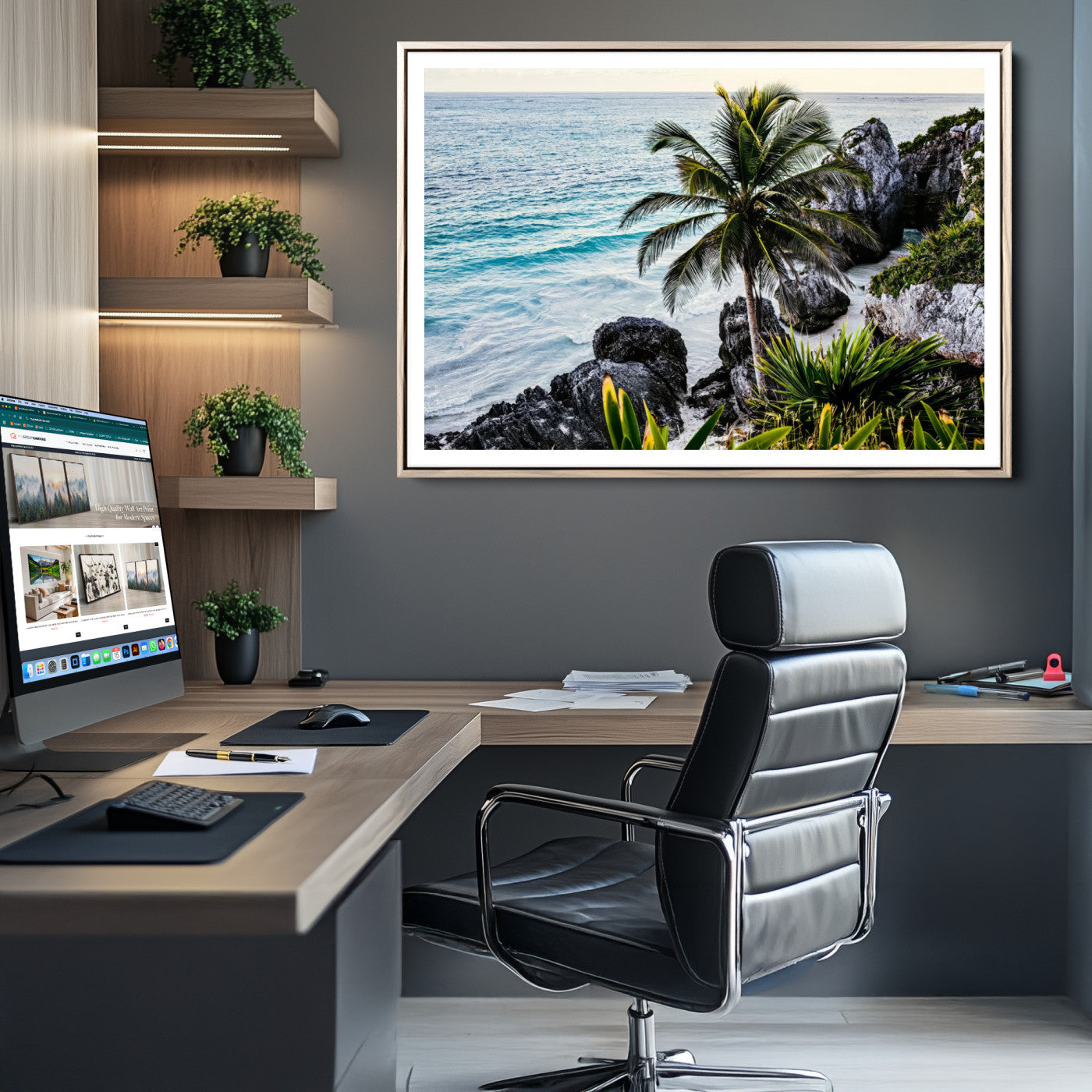 94669907-MGC-FP-36x24-Tropical Coastline Wall Art Canvas Print – Framed Palm Tree and Rocky Beach Scene Artwork for Home, Office Decor