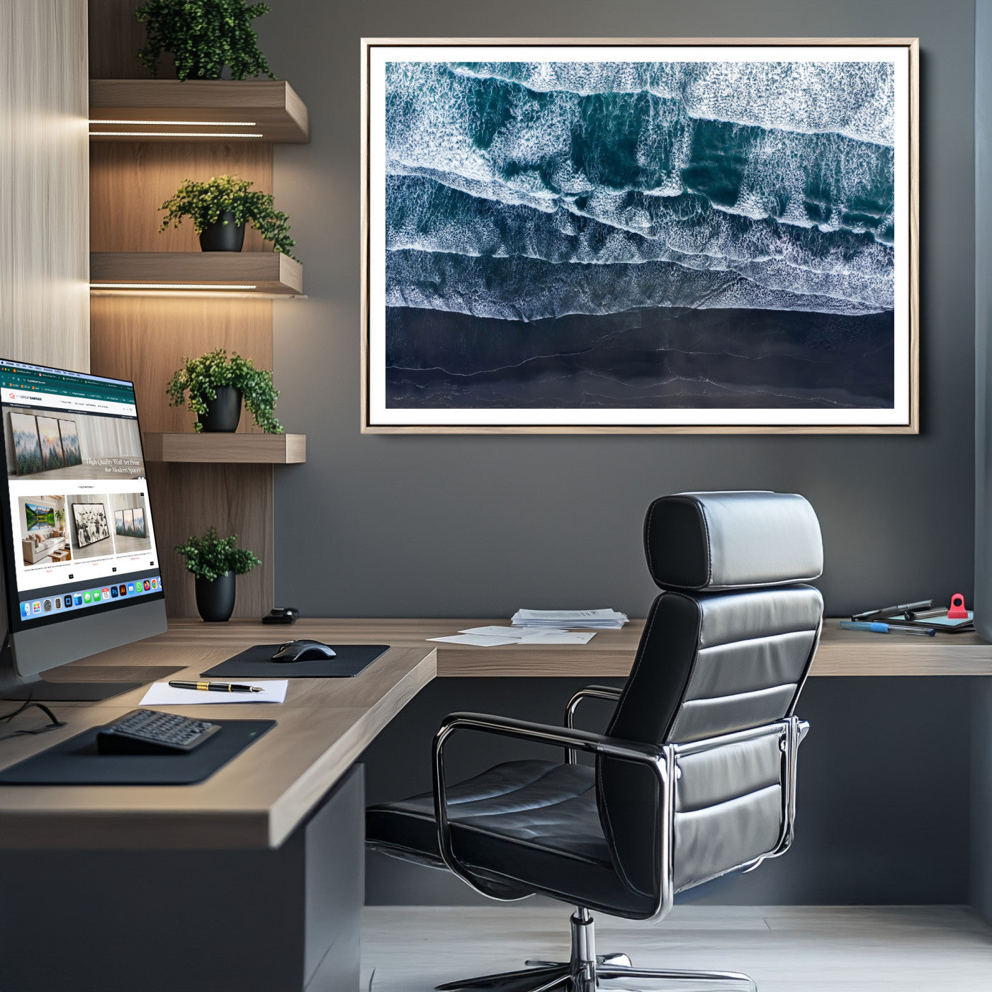 87941475-MGC-FP-36x24-Black Beach Wall Art Canvas Print – Framed Aerial Ocean View Moody Coastal Seascape Nature Artwork for Home Office