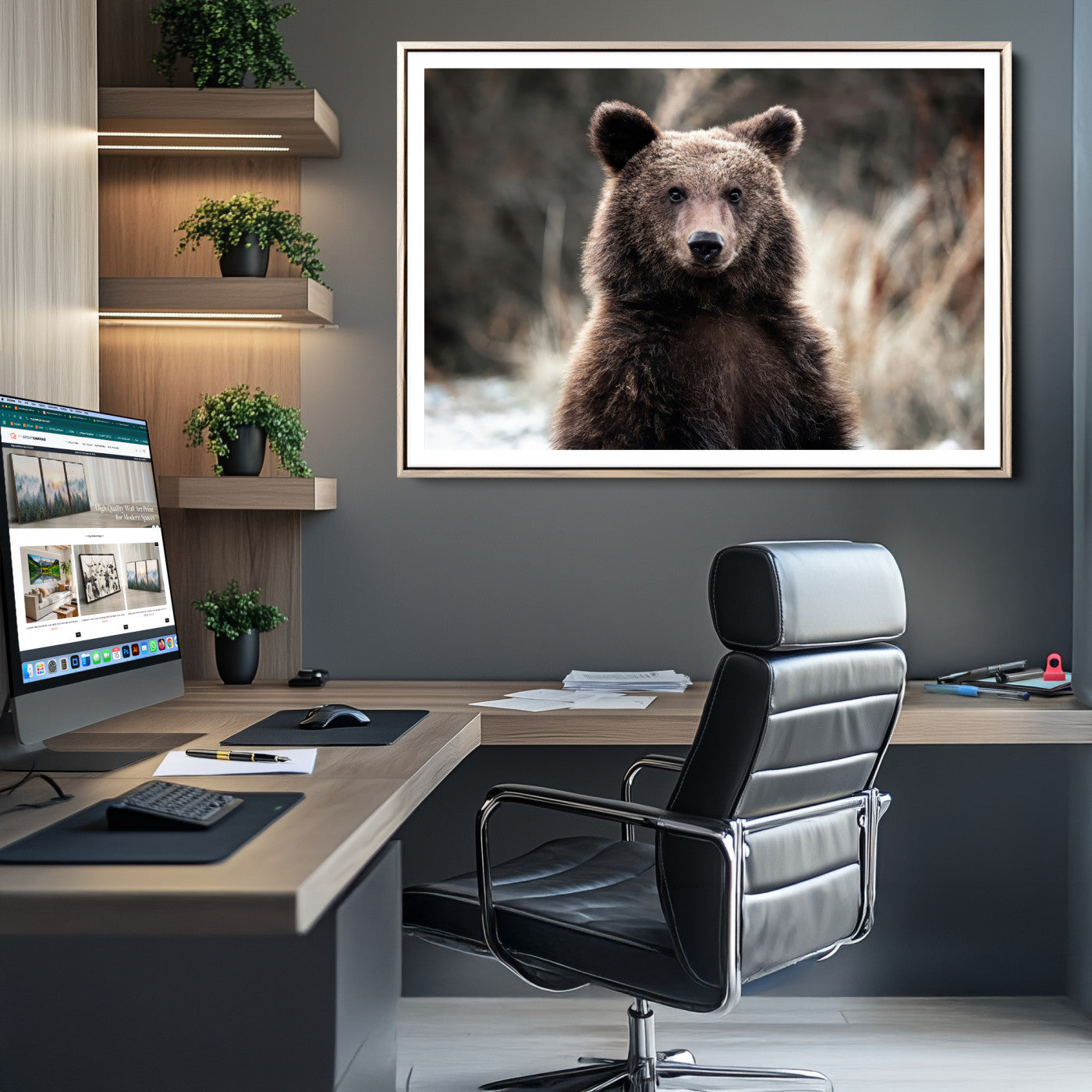 47112103-MGC-FP-36x24-Brown Bear Wall Art Canvas Print, Framed Wildlife Art Picture Print, Woodland Perfect Cabin Decor