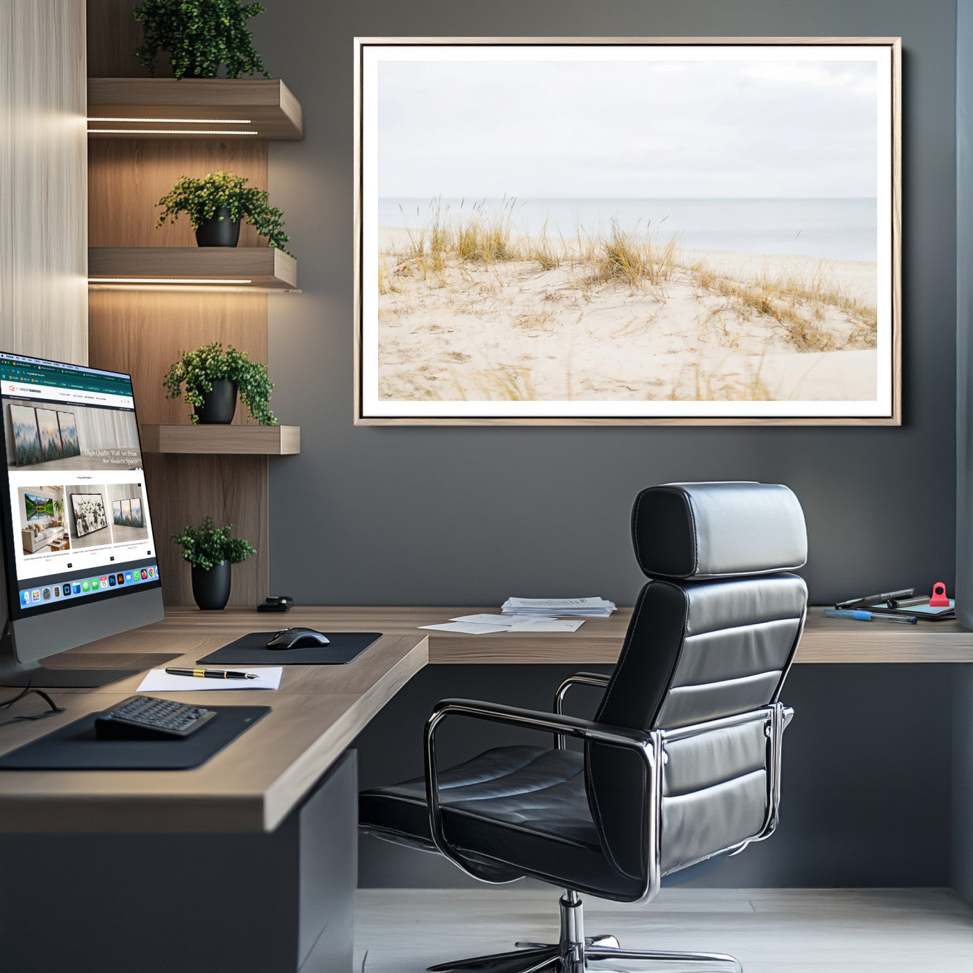 13146857-MGC-FP-36x24-Beach Dunes Wall Art Canvas Print, Framed Coastal Grass Art Picture Print, Sand Perfect Minimalist